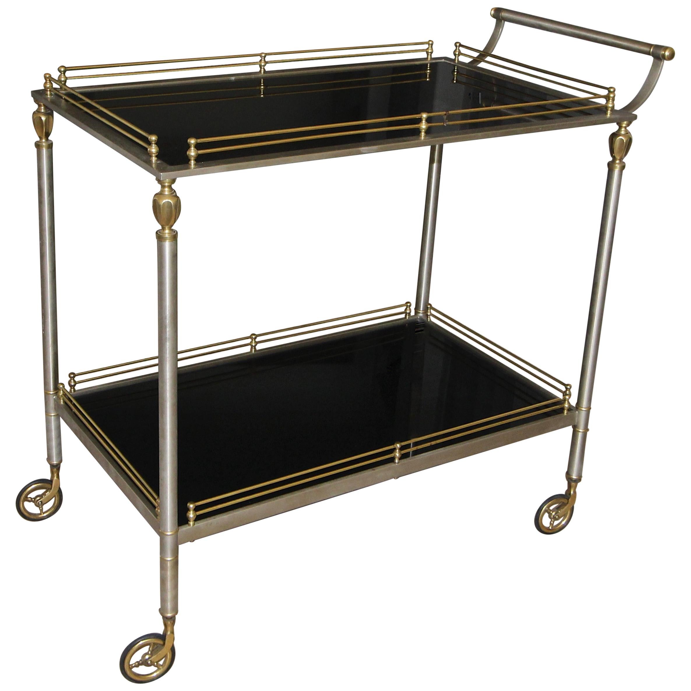 Large Italian Neoclassic Brass and Brushed Steel Bar or Tea Cart
