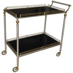 Vintage Large Italian Neoclassic Brass and Brushed Steel Bar or Tea Cart