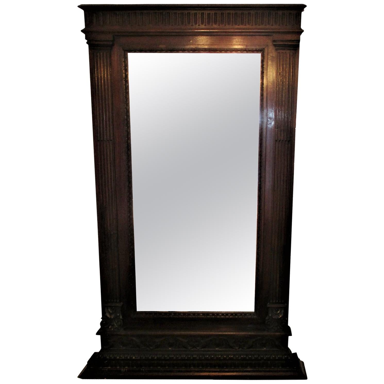 Large Italian Neoclassical 19th Century Carved Walnut Mantel Pier Mirror