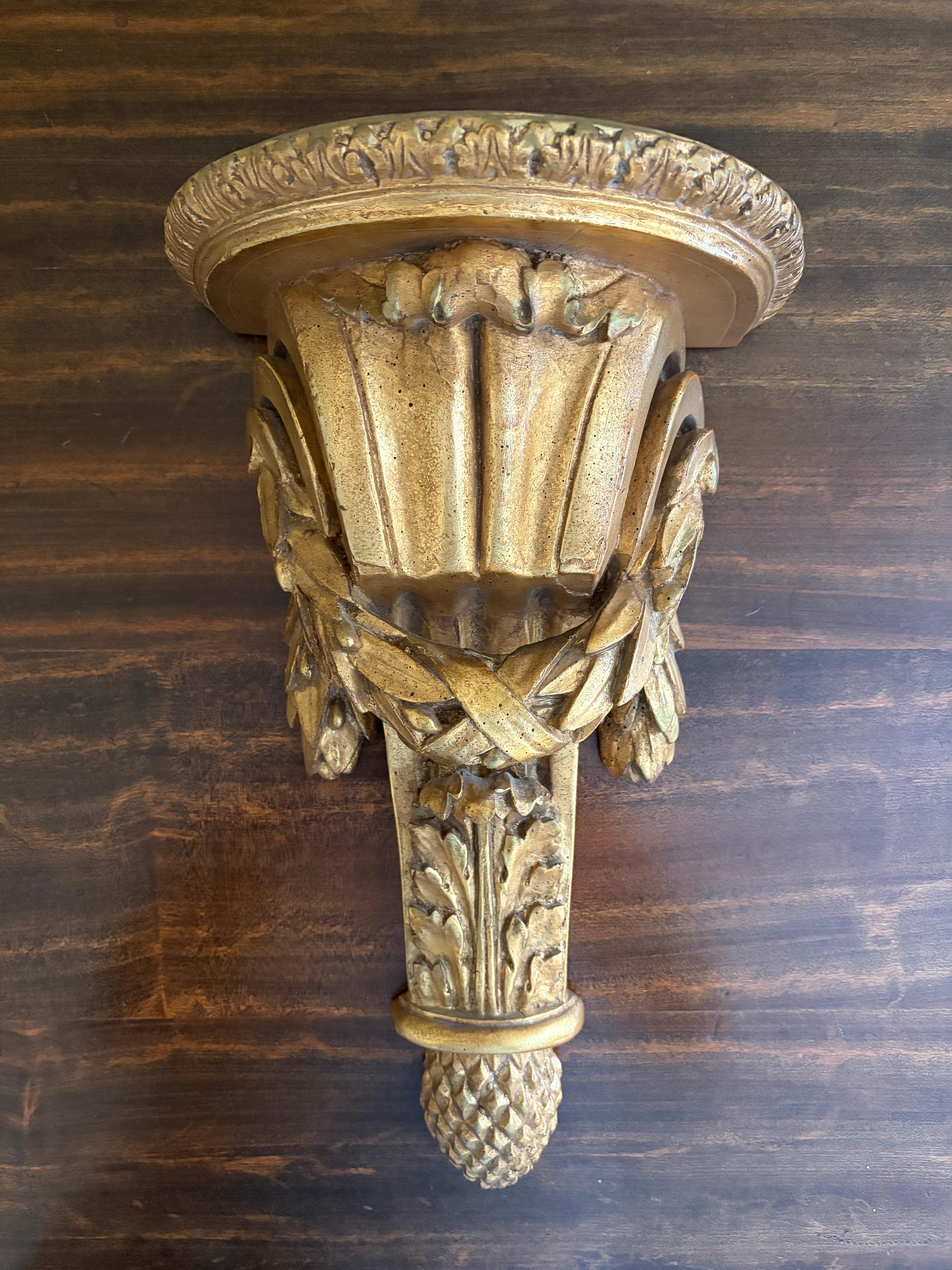 American Large Italian Neoclassical Gilt Foliate Wall Sconce Shelves by Borghese, Pair For Sale