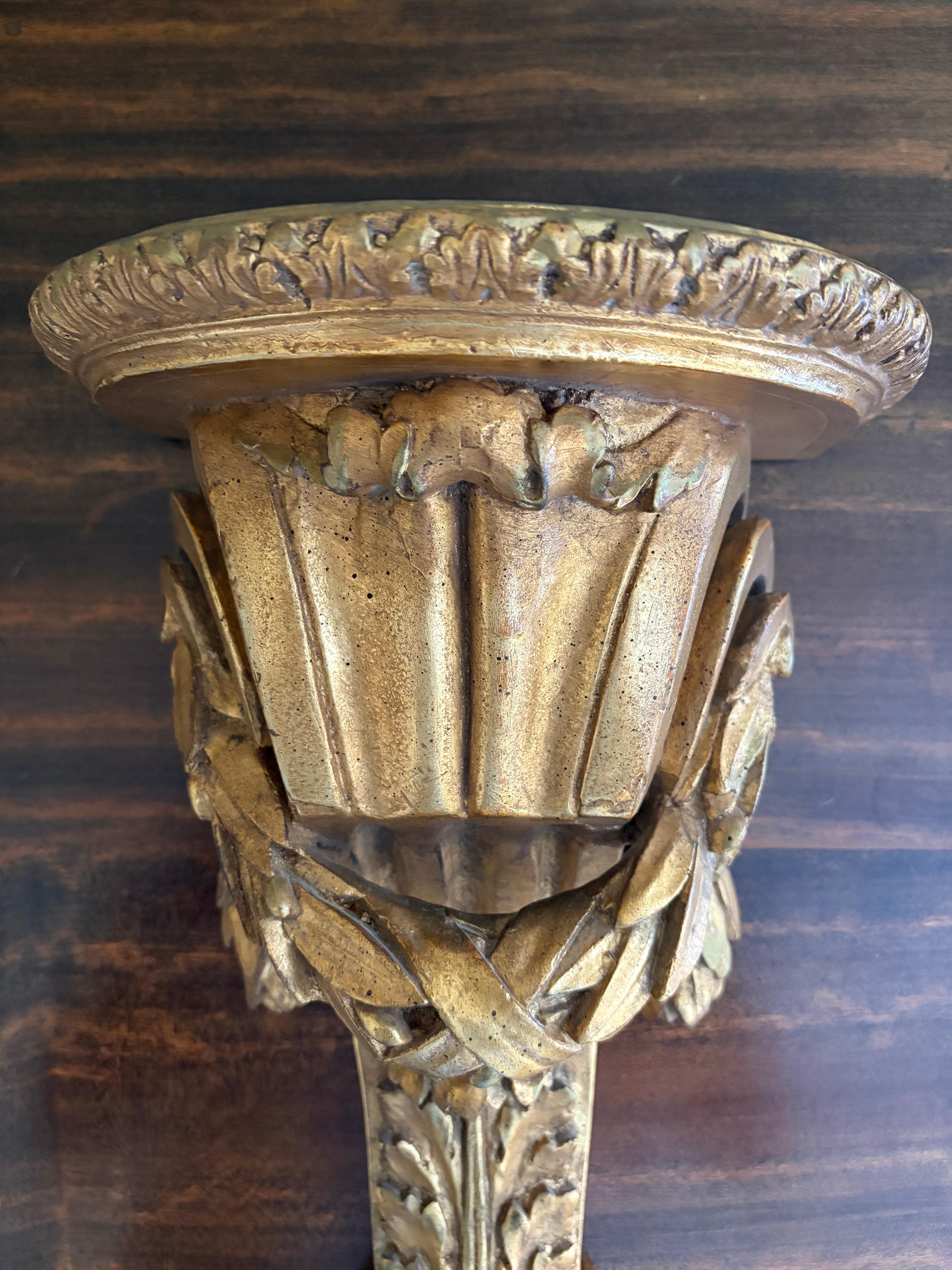 Large Italian Neoclassical Gilt Foliate Wall Sconce Shelves by Borghese, Pair In Good Condition For Sale In Elkhart, IN