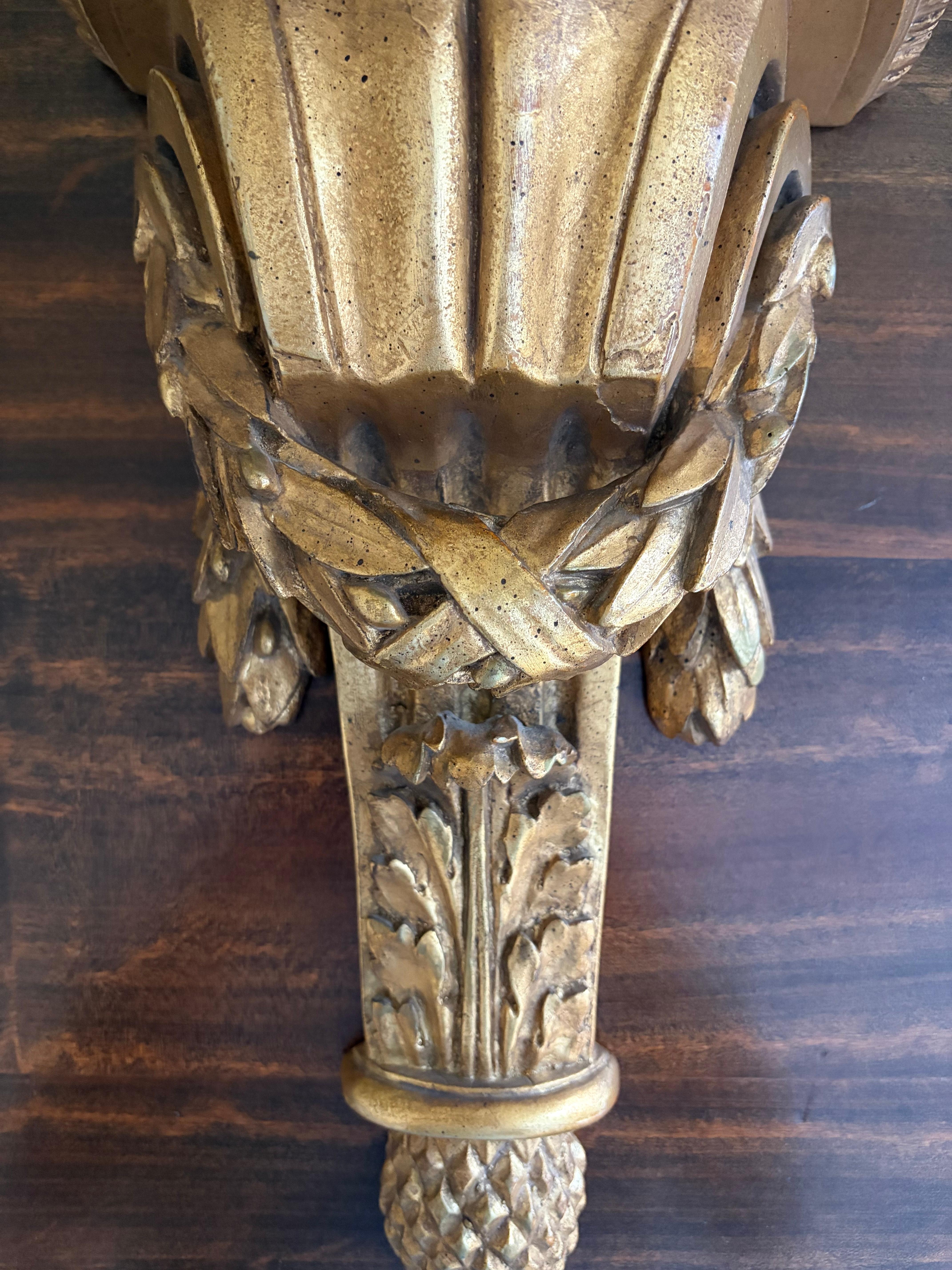 20th Century Large Italian Neoclassical Gilt Foliate Wall Sconce Shelves by Borghese, Pair For Sale