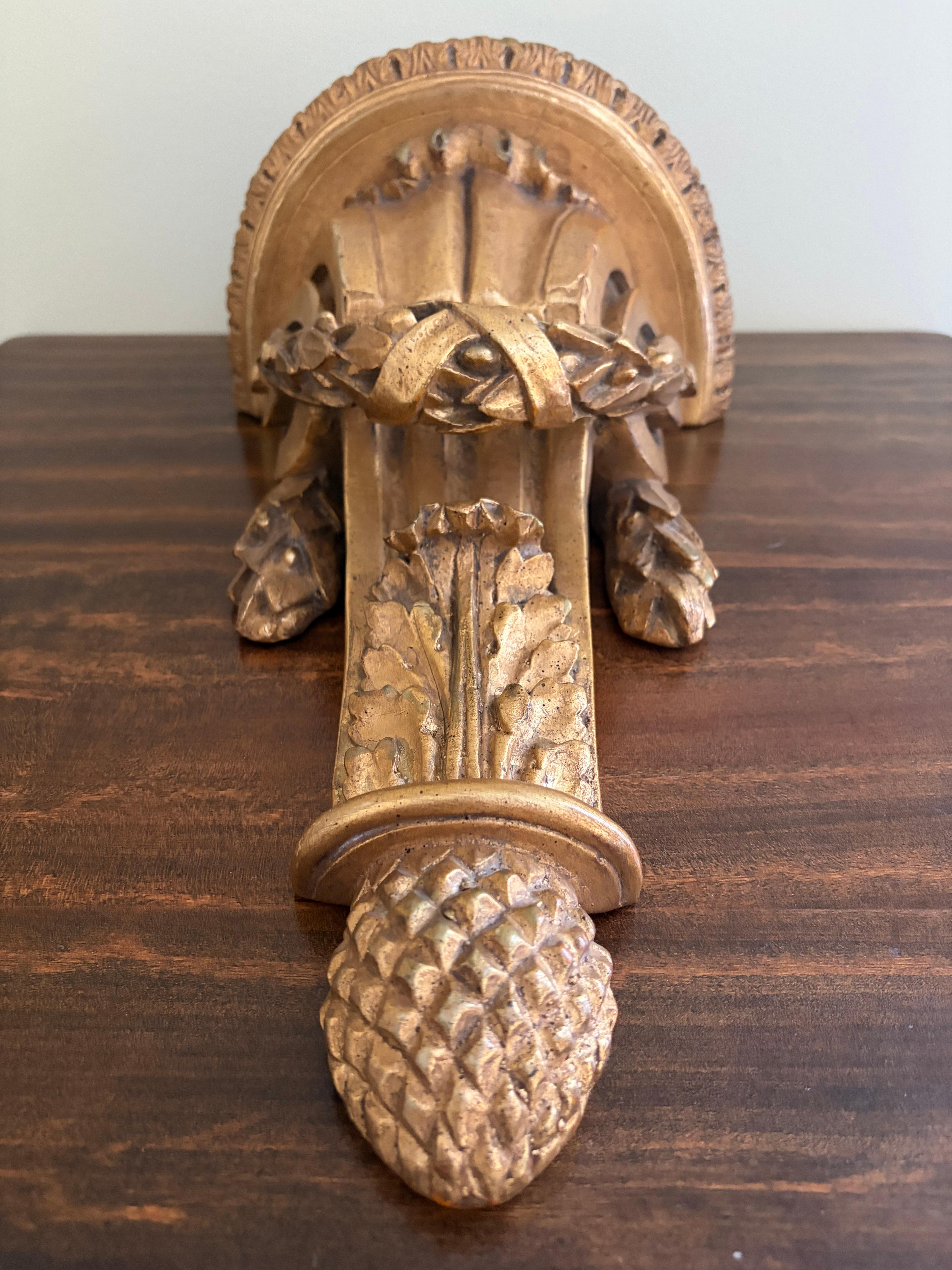 Composition Large Italian Neoclassical Gilt Foliate Wall Sconce Shelves by Borghese, Pair For Sale