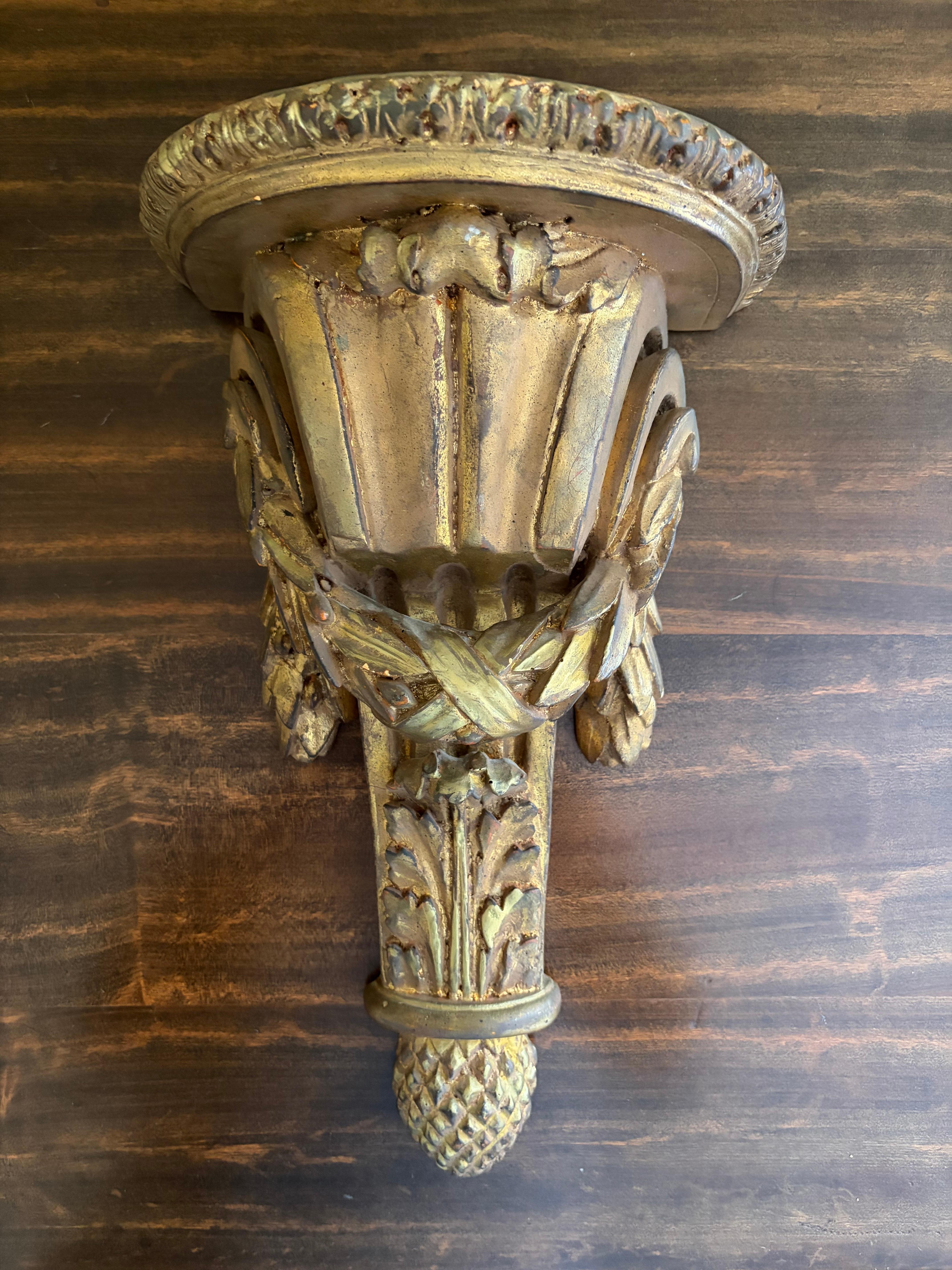 Large Italian Neoclassical Gilt Foliate Wall Sconce Shelves by Borghese, Pair For Sale 2