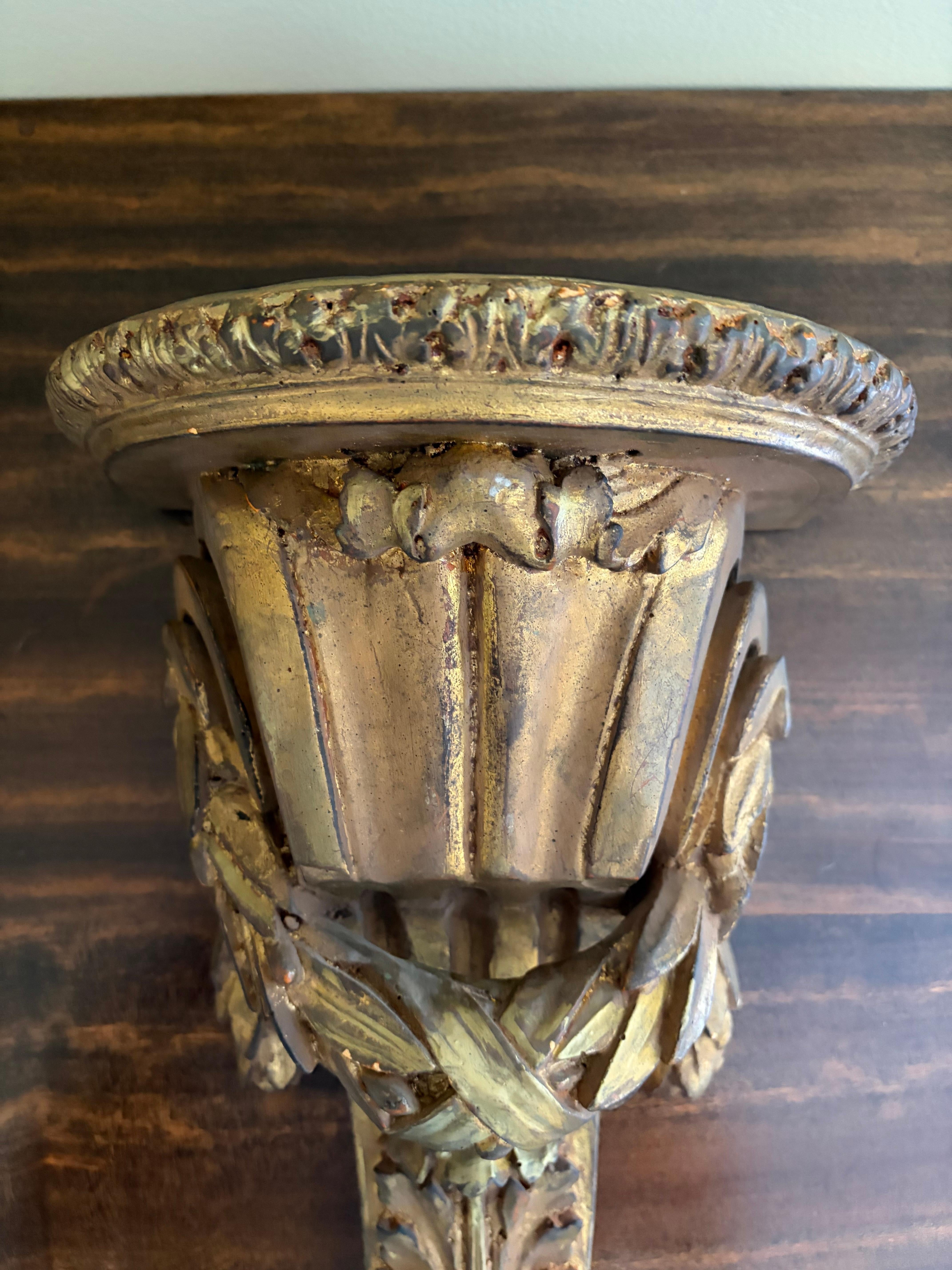 Large Italian Neoclassical Gilt Foliate Wall Sconce Shelves by Borghese, Pair For Sale 3