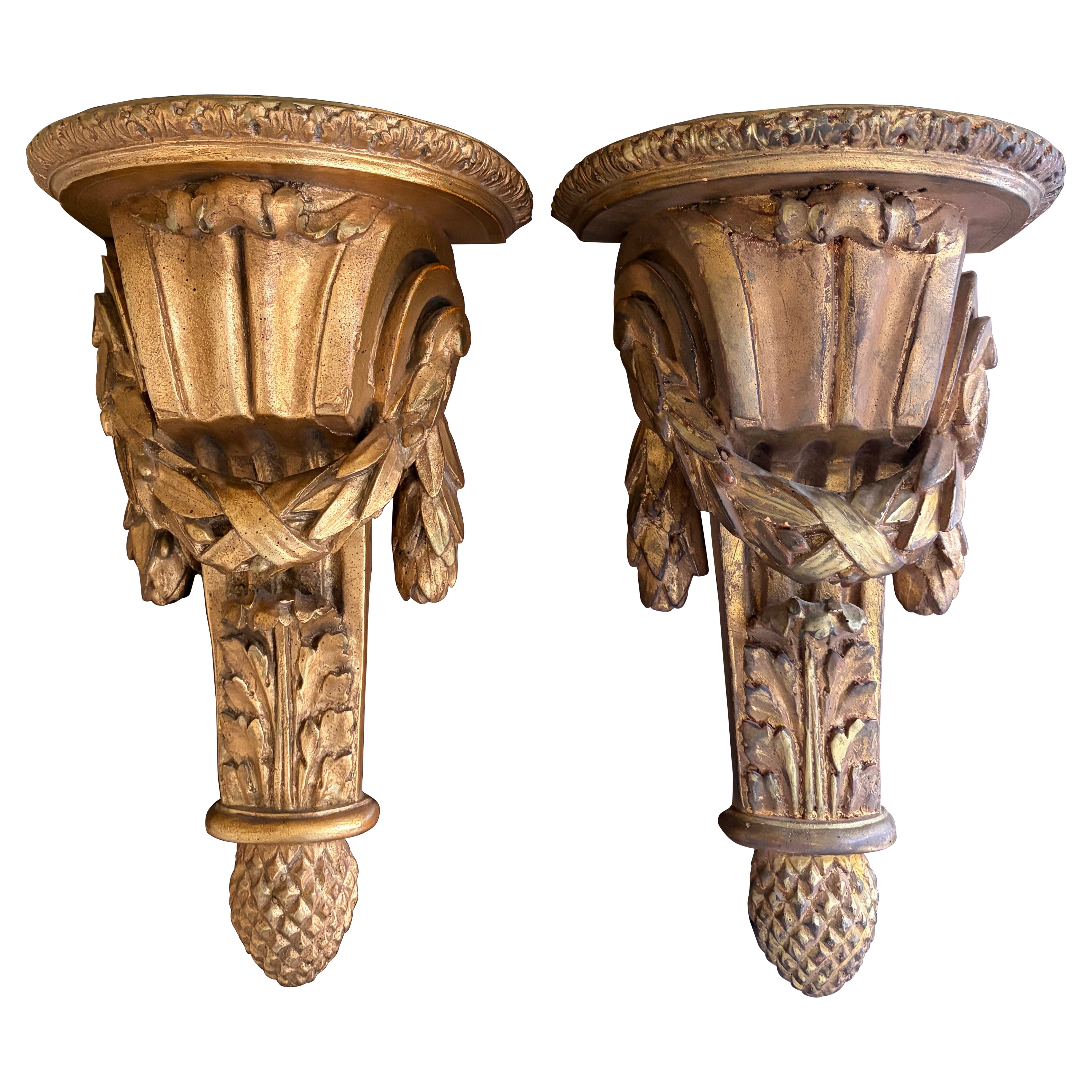 Large Italian Neoclassical Gilt Foliate Wall Sconce Shelves by Borghese, Pair For Sale