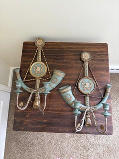 Large Italian Neoclassical Green and Gold Gilt Wall Candle Sconces, Pair