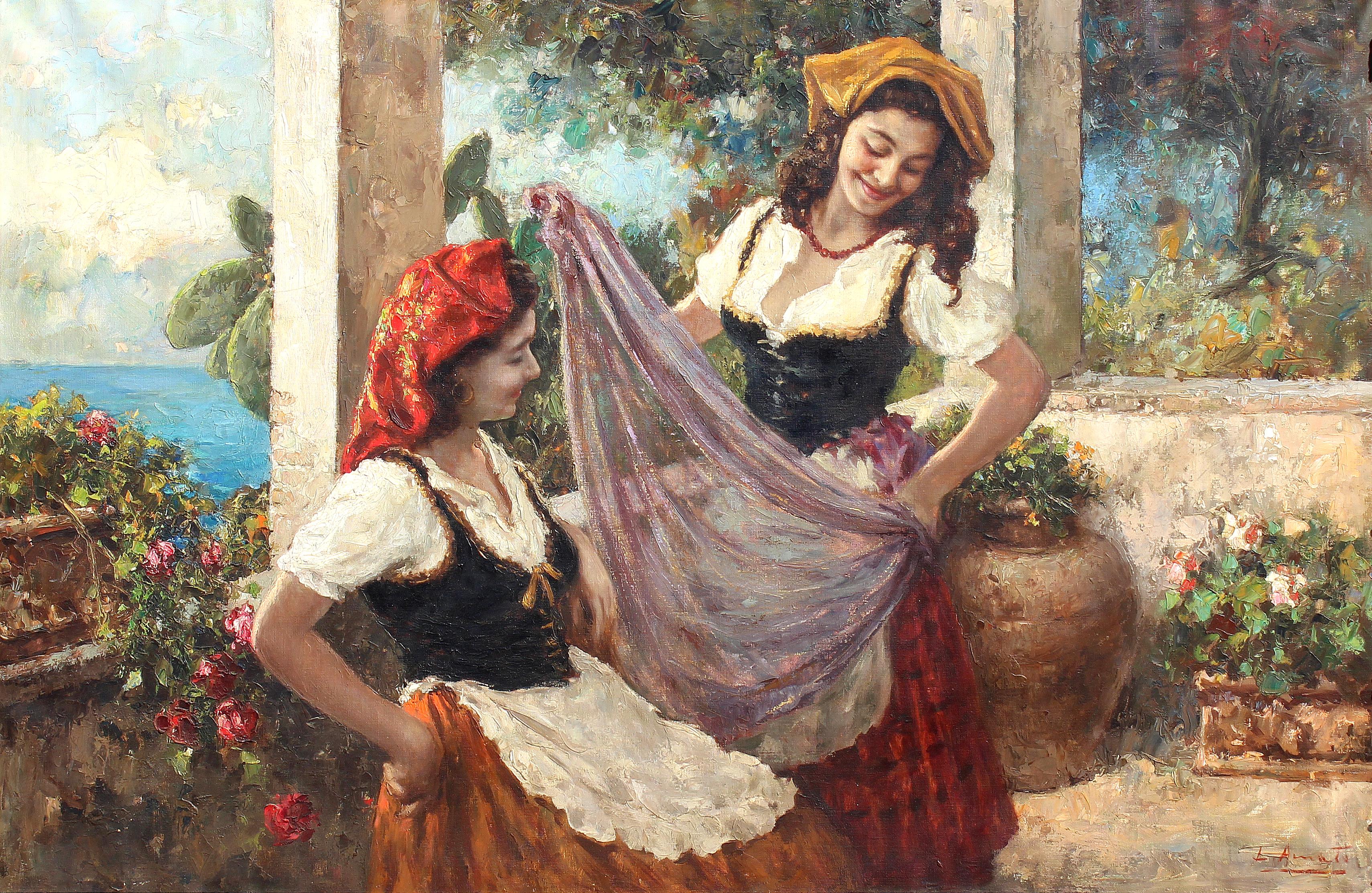 Luigi Amato Overscale Italian Oil Painting on Canvas 

Offered for sale is a large, colorful figurative oil on canvas depicting two young ladies on a terrace by the well listed Italian artist Luigi Amato (1898-1961) signed lower right. This painting