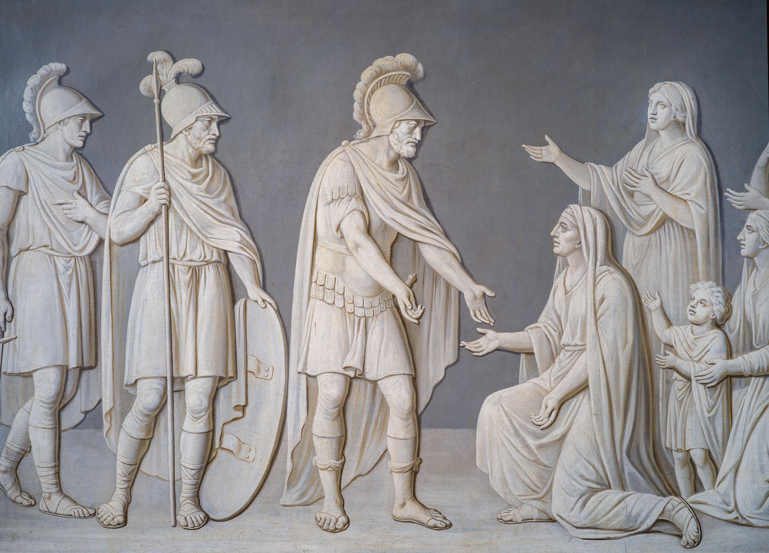 Peint à la main Grande huile sur toile italienne en grisaille représentant Volumnia Veturi et Coriolanus en vente