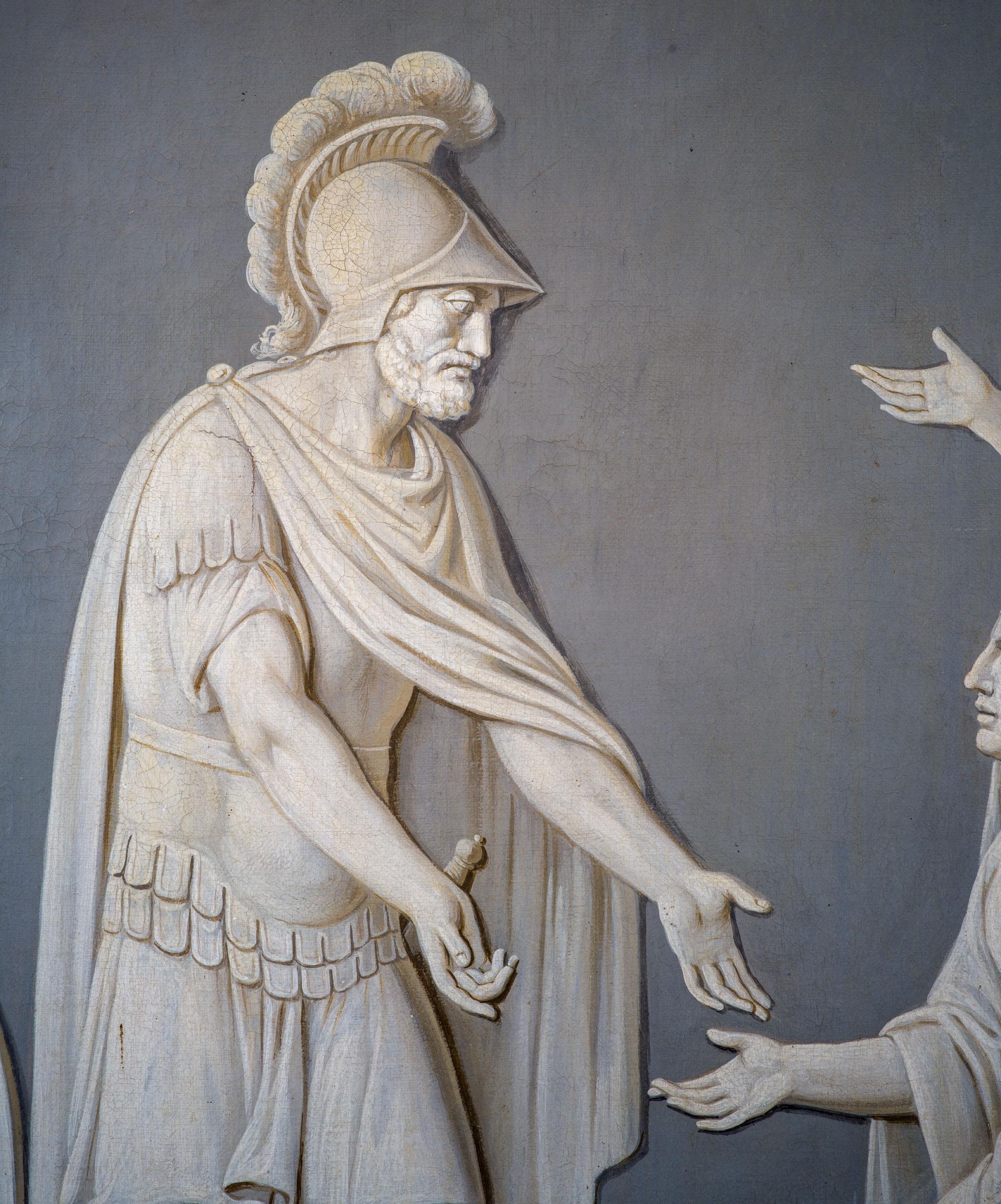 Grande huile sur toile italienne en grisaille représentant Volumnia Veturi et Coriolanus Bon état - En vente à London, GB