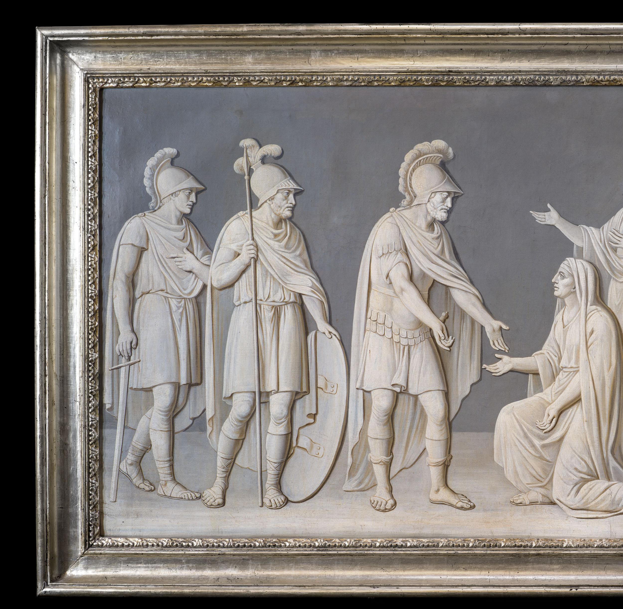 Large Italian Oil on Canvas en Grisaille Depicting Volumnia Veturi & Coriolanus For Sale 2