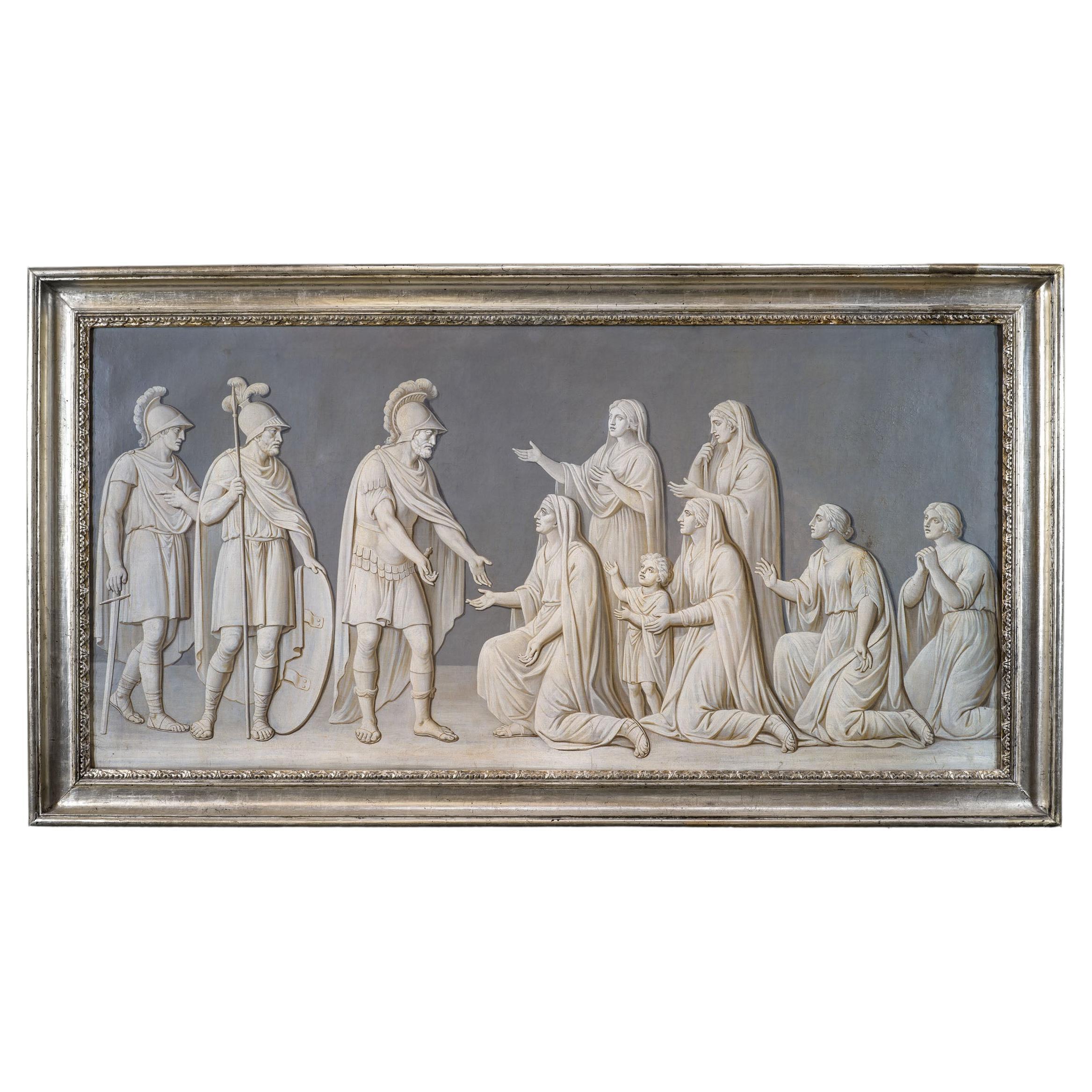 Grande huile sur toile italienne en grisaille représentant Volumnia Veturi et Coriolanus en vente