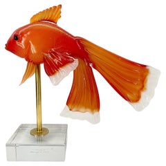 Große italienische Fischskulptur aus orangefarbenem Glas von Pino Signoretto, Murano