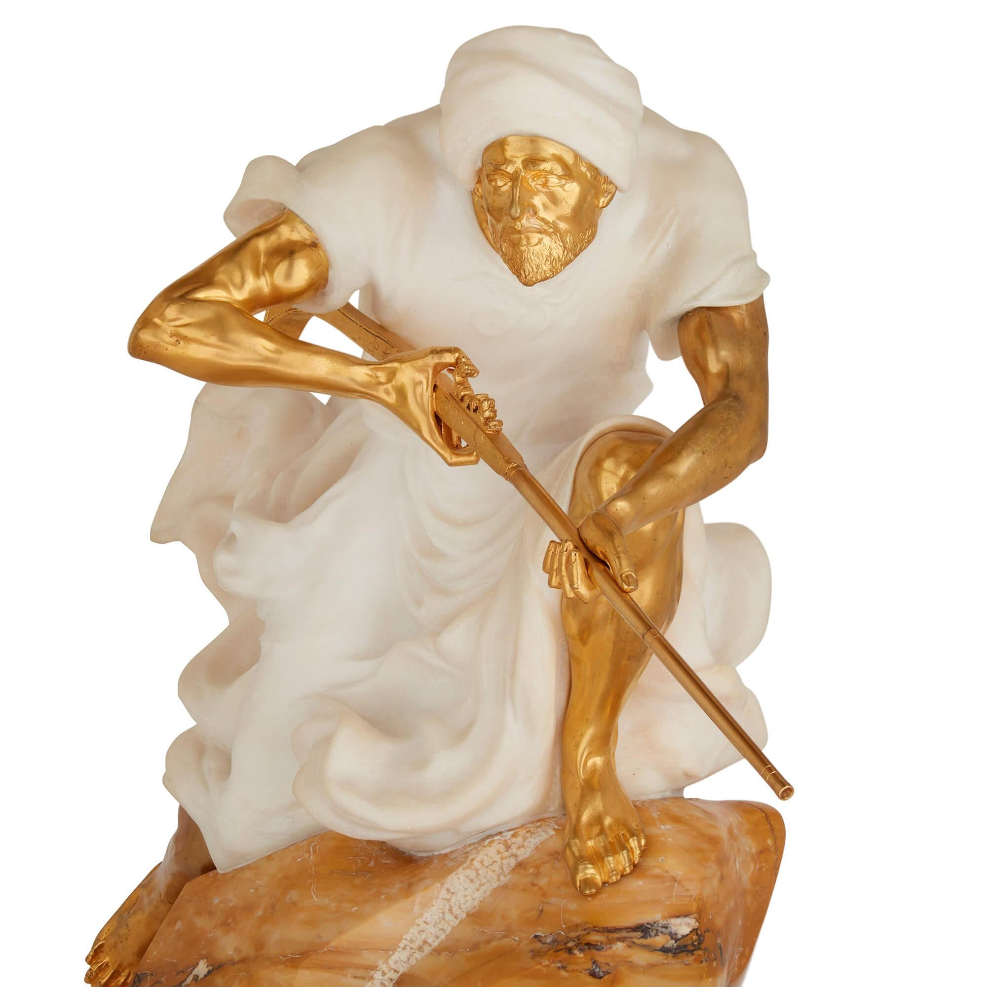 Carved Large Italian Orientalist Marble and Gilt Bronze Sculpture by Fatorini For Sale