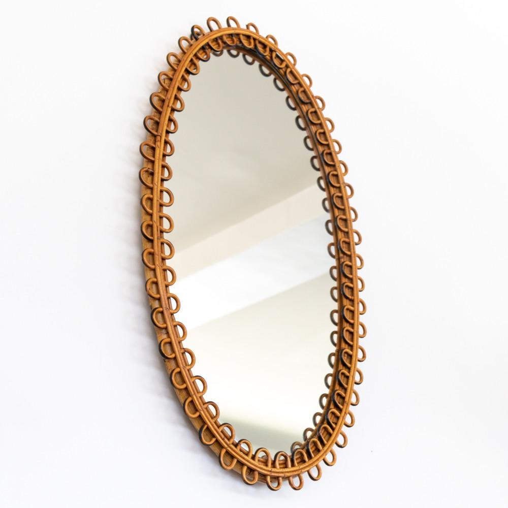 20th Century Large Italian Oval Rattan Mirror For Sale
