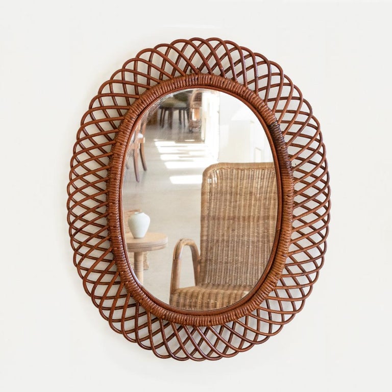Large Italian Oval Rattan Mirror For Sale 1
