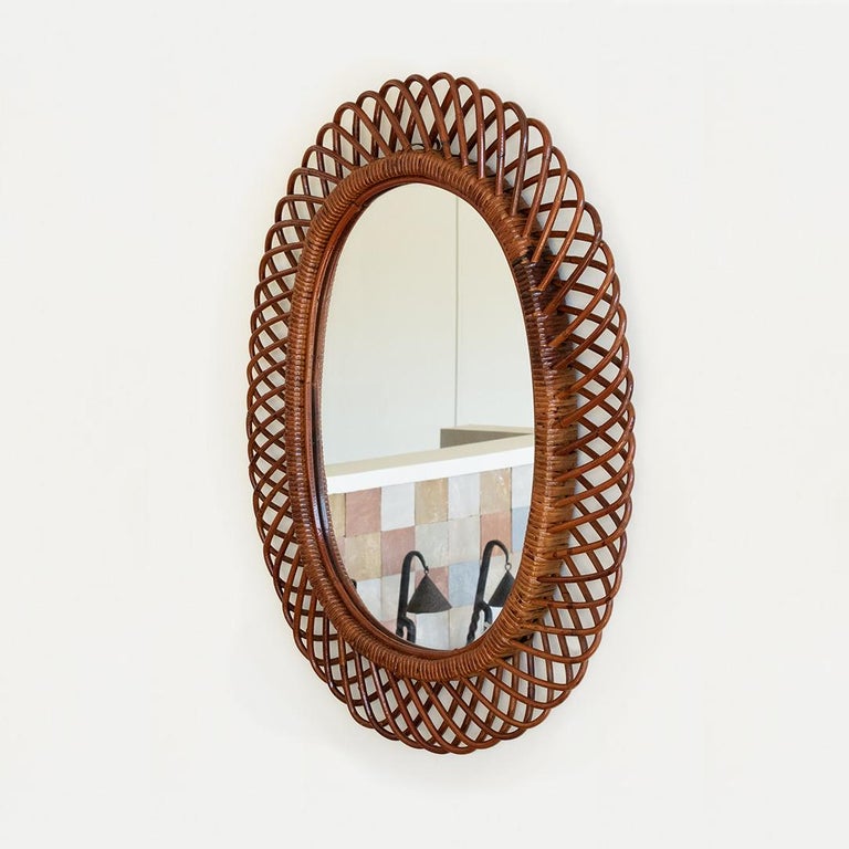 Large Italian Oval Rattan Mirror For Sale 2