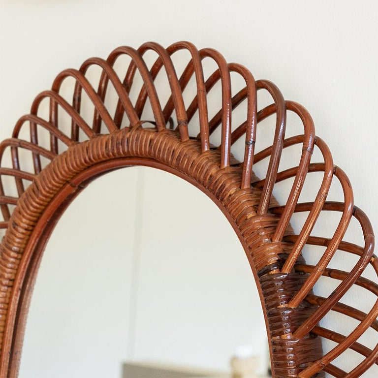 Large Italian Oval Rattan Mirror For Sale at 1stDibs