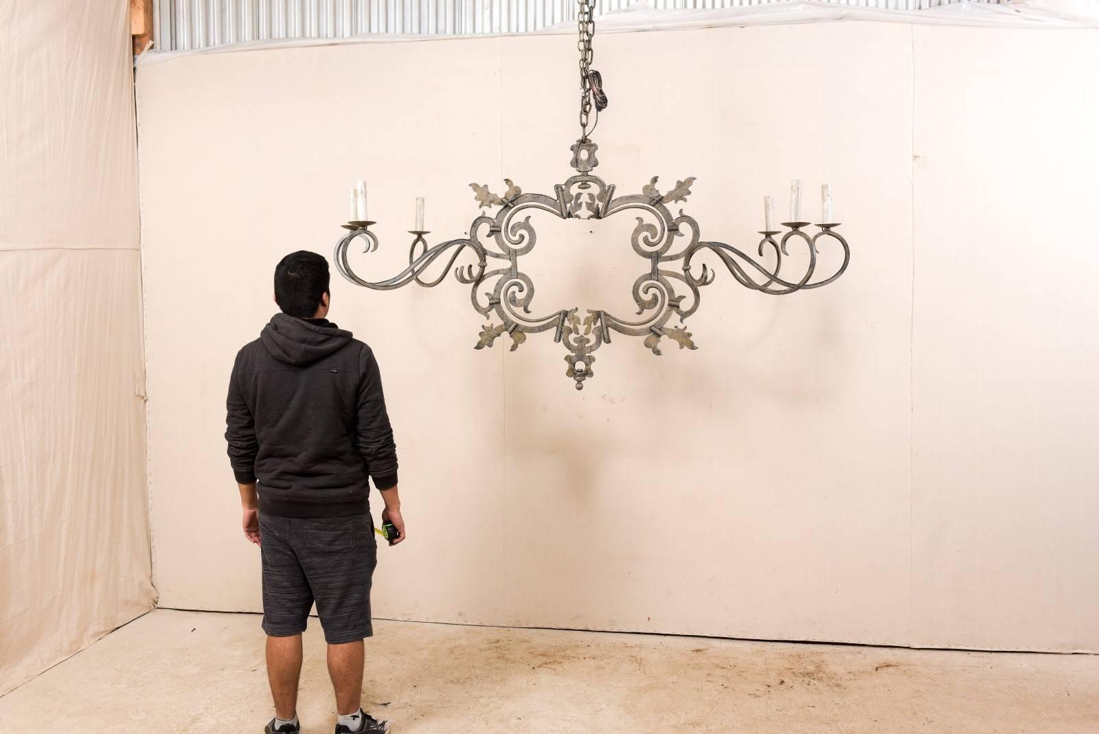 Large Italian Painted Iron Chandelier with 18th Century Scrolling Iron Work 1