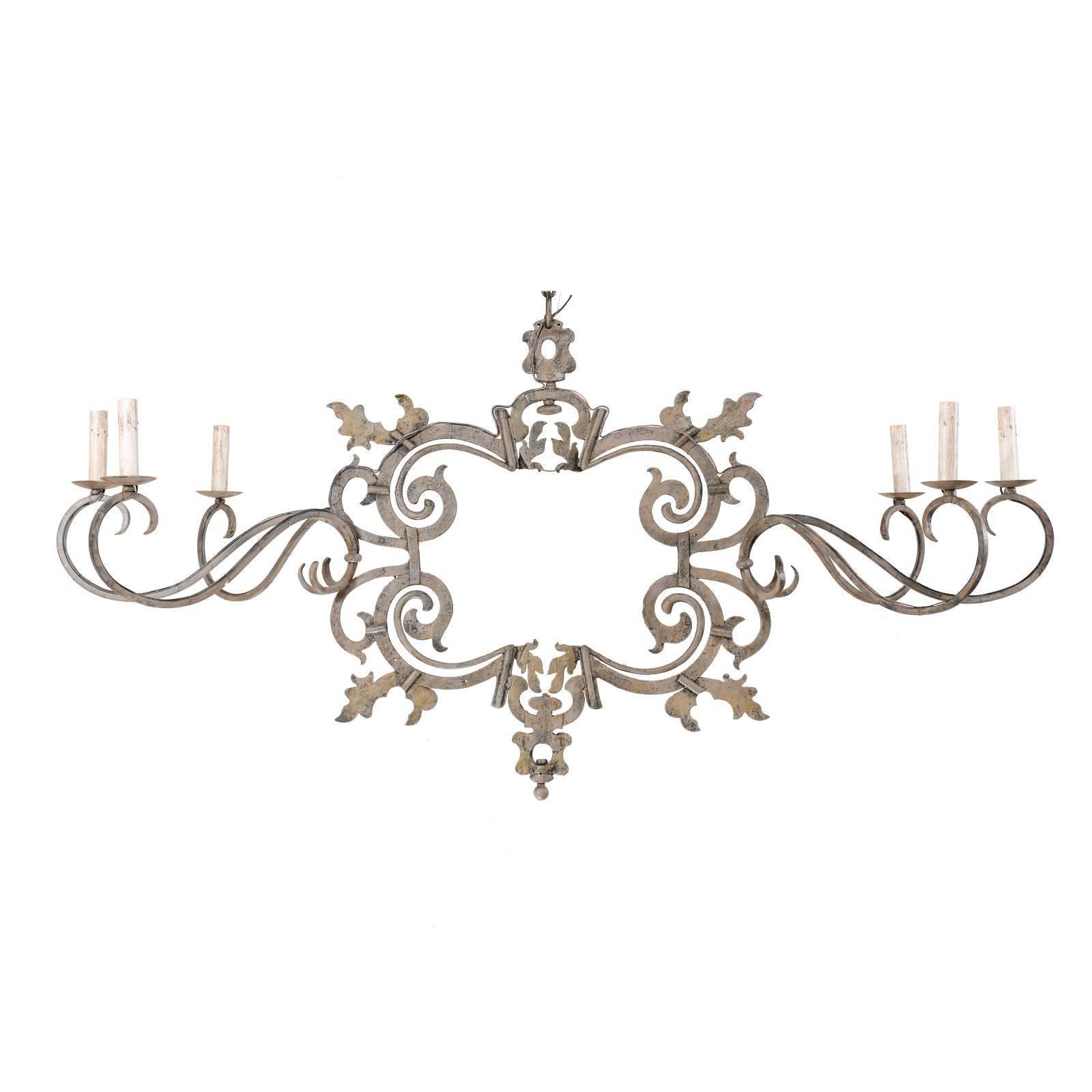 Large Italian Painted Iron Chandelier with 18th Century Scrolling Iron Work