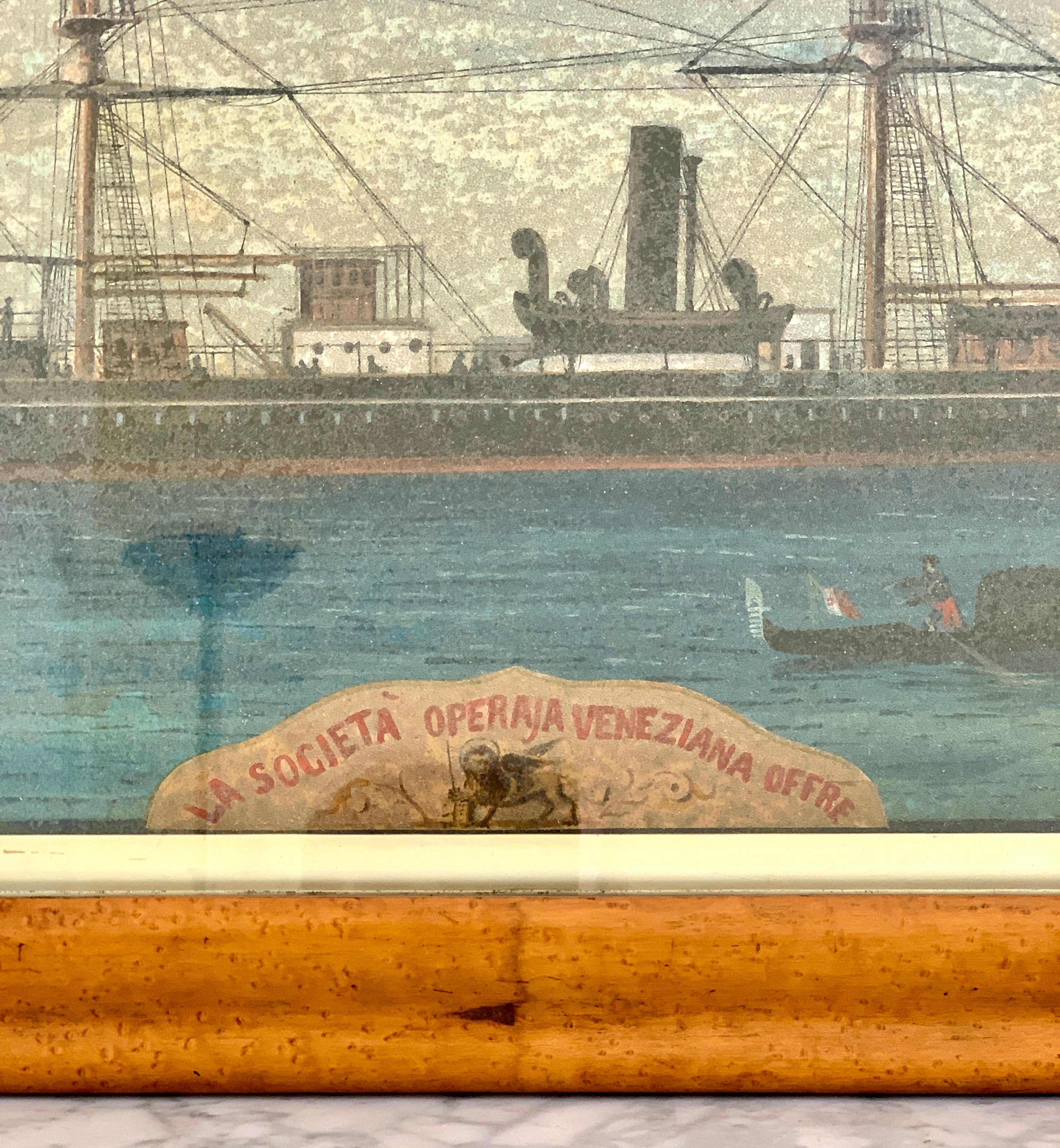 A unique work of art, this charming painting was hand painted in Italy in the mid-19th century.
 Created to promote The Venetian Workers' Society, this large hand-painted oil painting was painted on a wood board, then covered in tiny glass beads