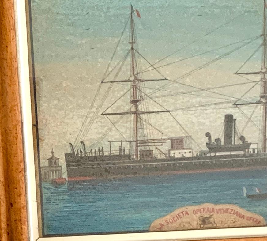 Großes italienisches Gemälde eines Handelsschiffes, „The Venetian Workers' Society Offers“ (Handbemalt) im Angebot