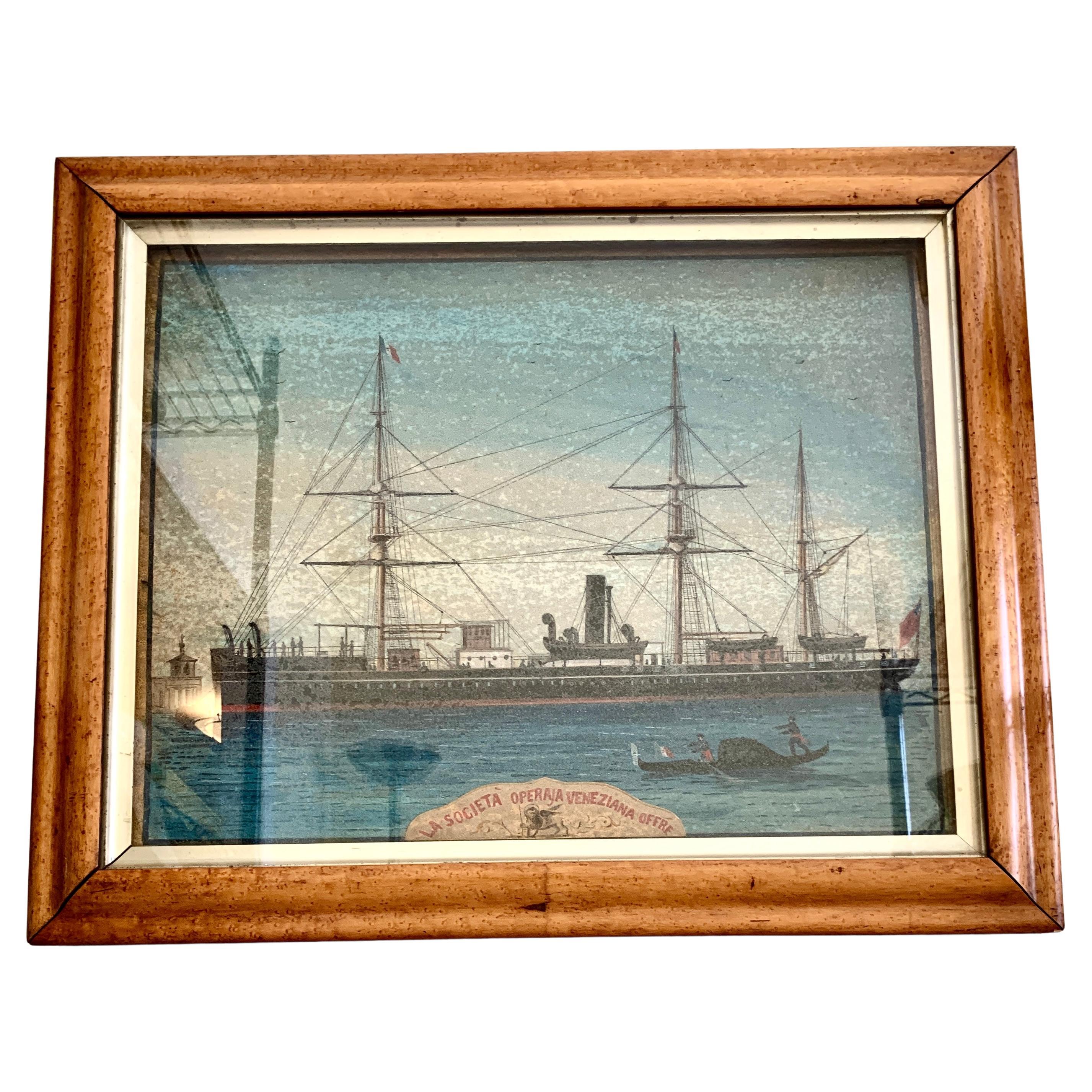 Large Italian Painting of a Merchant Ship "The Venetian Workers' Society Offers" For Sale