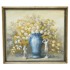 Large Italian Painting of Flowers in a Blue Vase