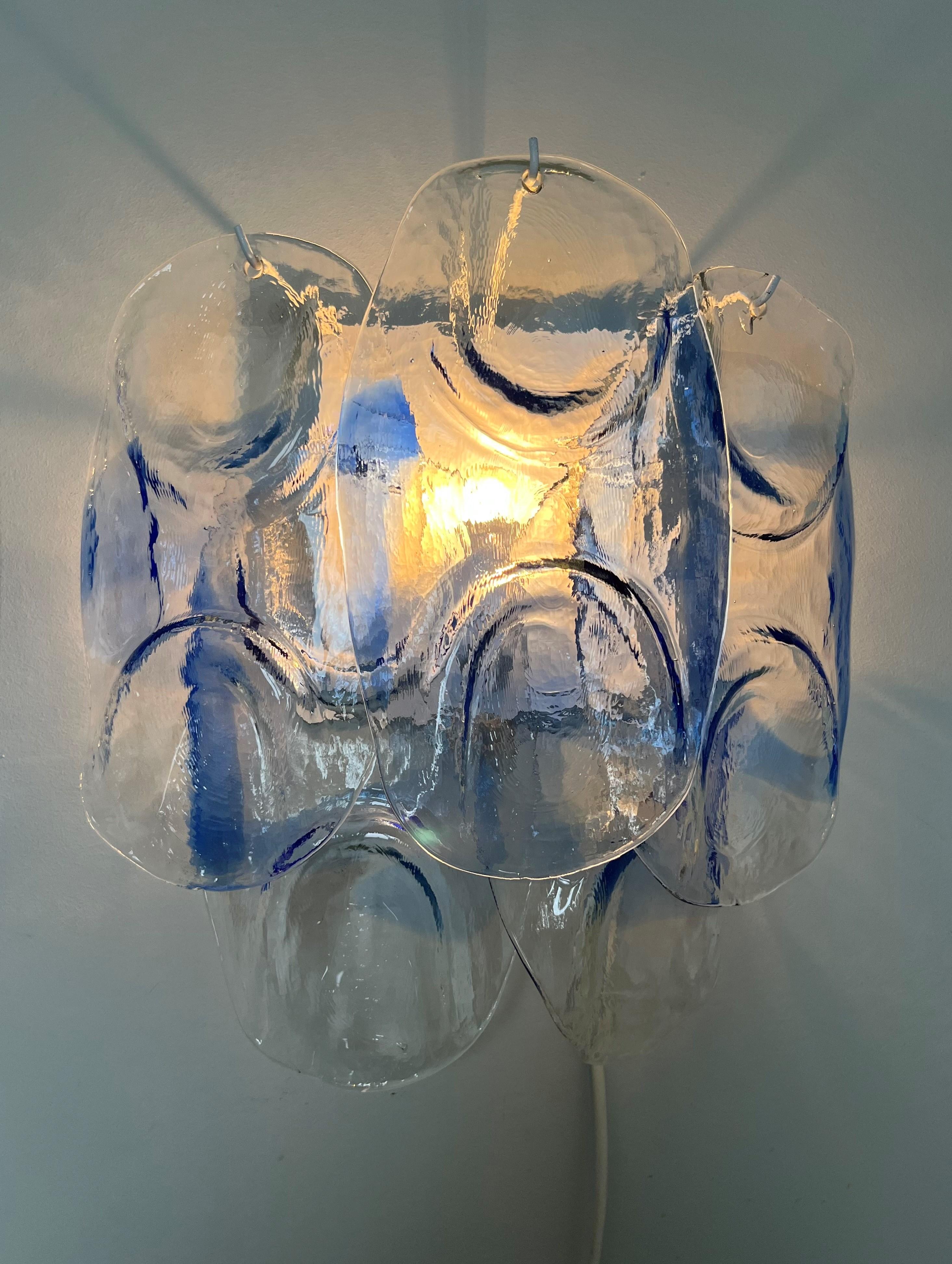 Large Italian Midcentury Pair of Clear Blue Murano Wall Sconces by Mazzega, 1970 In Good Condition In Badajoz, Badajoz