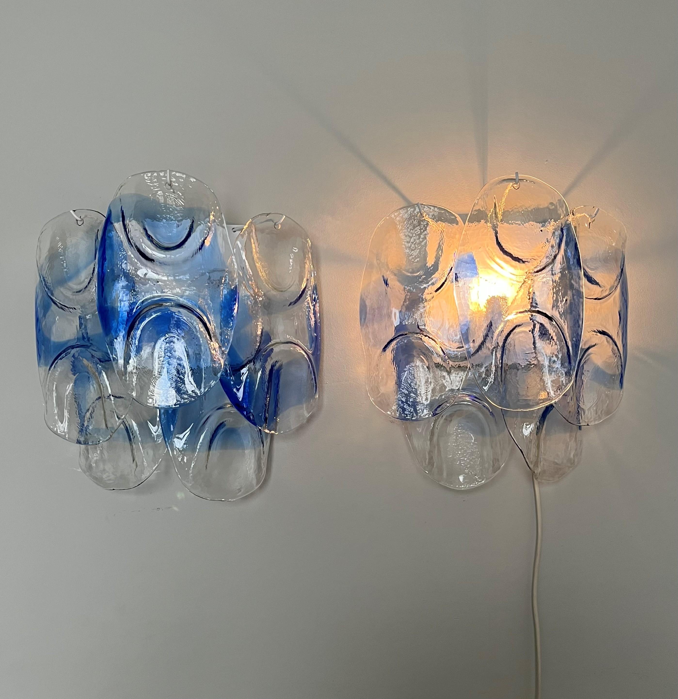 Large Italian Midcentury Pair of Clear Blue Murano Wall Sconces by Mazzega, 1970 For Sale 1