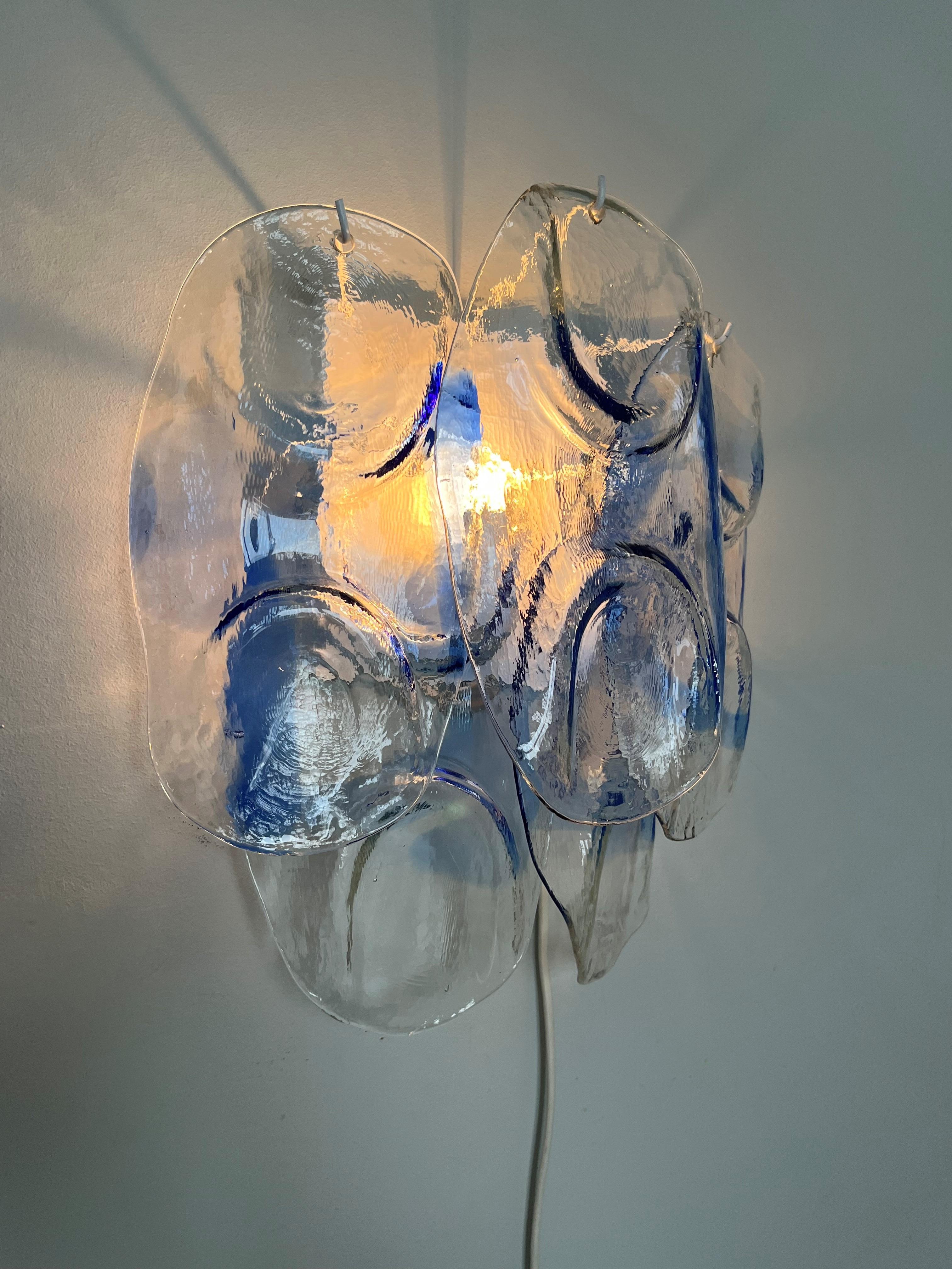 Large Italian Midcentury Pair of Clear Blue Murano Wall Sconces by Mazzega, 1970 For Sale 2
