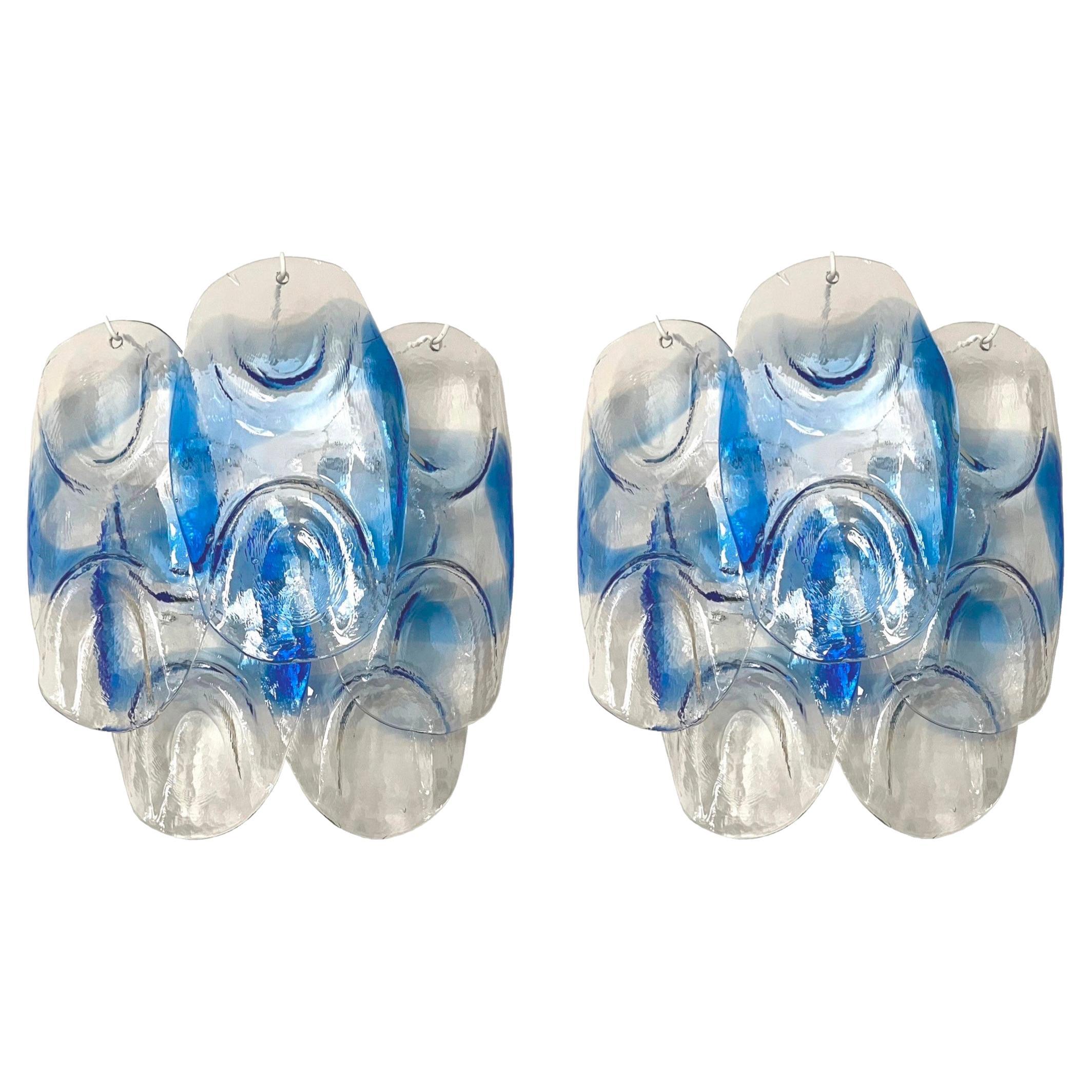 Large Italian Midcentury Pair of Clear Blue Murano Wall Sconces by Mazzega, 1970 For Sale