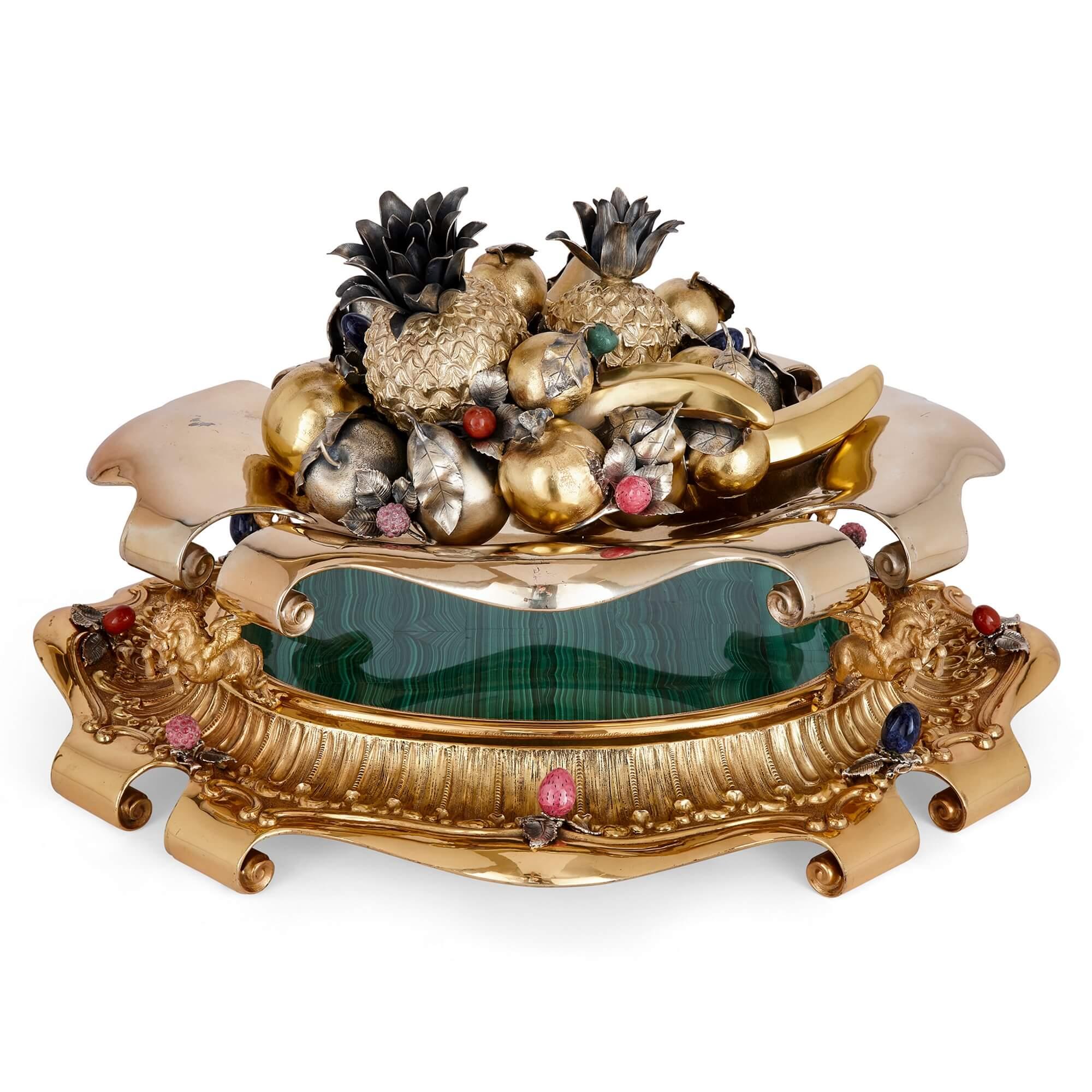 Modern Large Italian Parcel-Gilt, Silver, and Hardstone Centrepiece from Milan, C.1980 For Sale