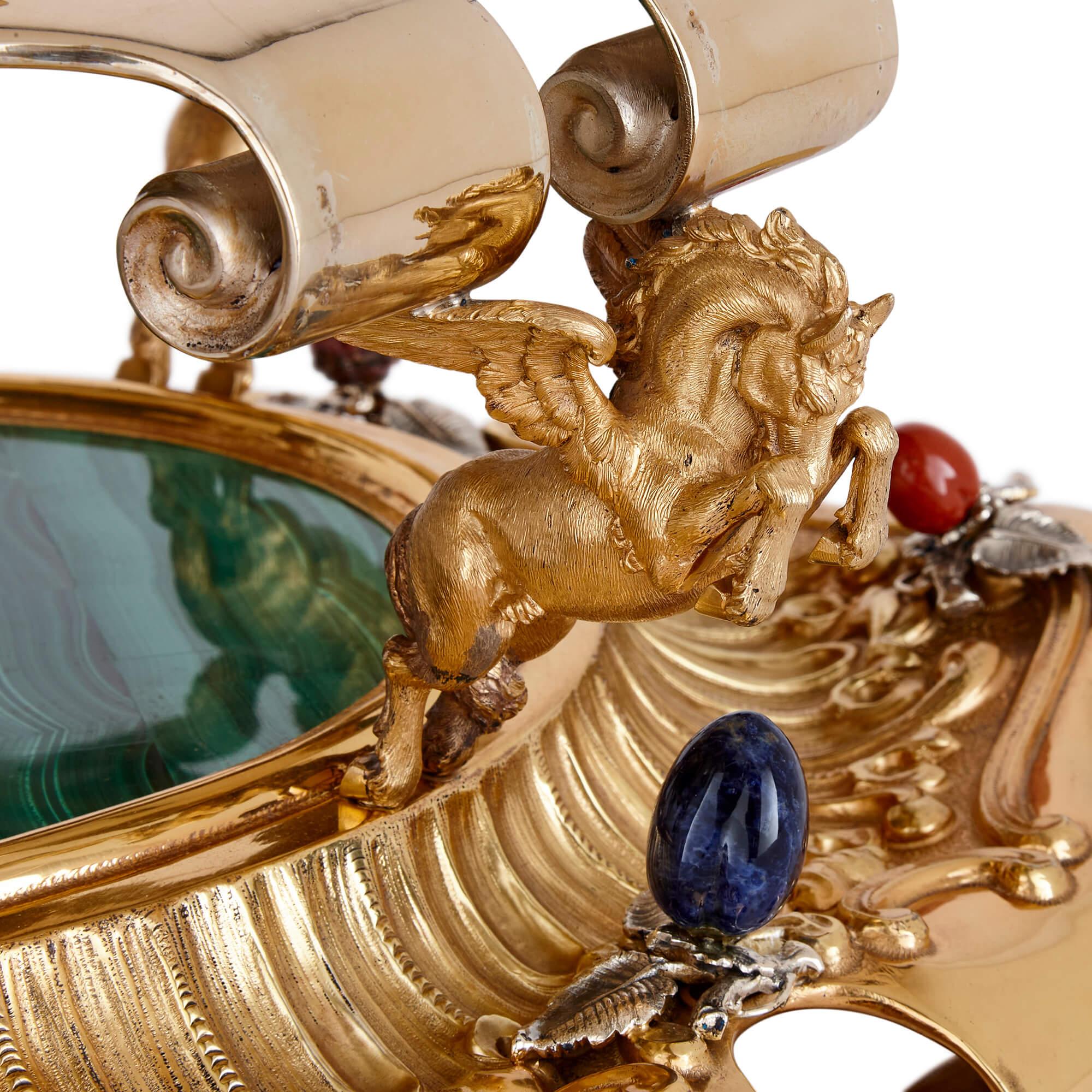 Late 20th Century Large Italian Parcel-Gilt, Silver, and Hardstone Centrepiece from Milan, C.1980 For Sale