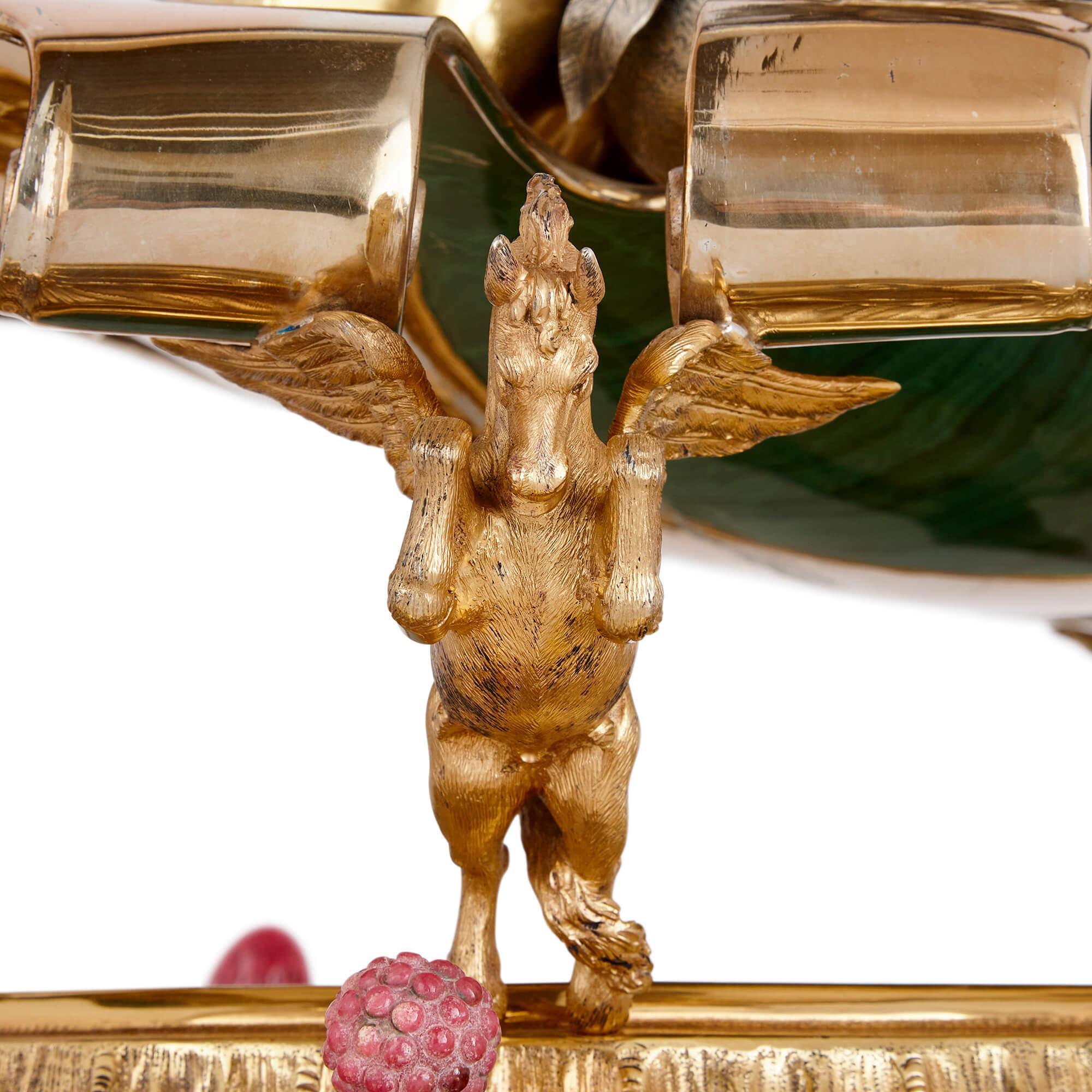 Large Italian Parcel-Gilt, Silver, and Hardstone Centrepiece from Milan, C.1980 For Sale 1