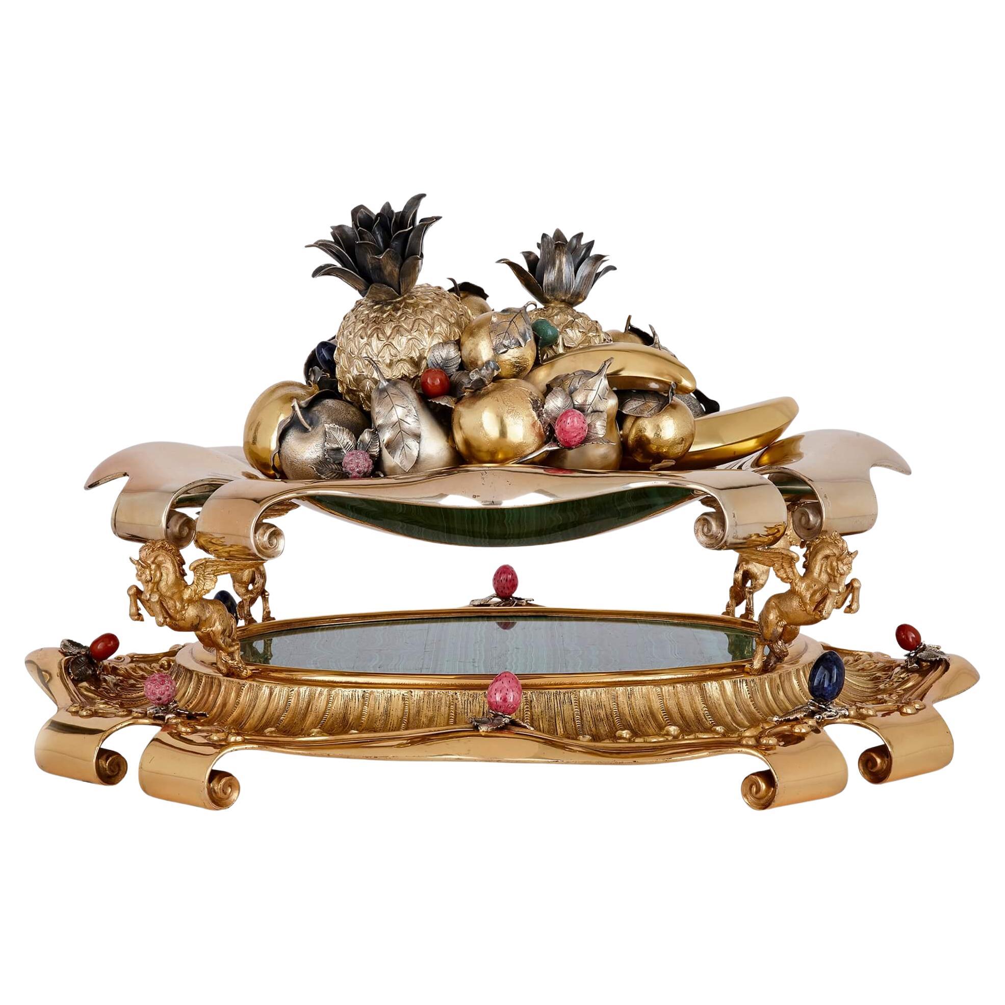 Large Italian Parcel-Gilt, Silver, and Hardstone Centrepiece from Milan, C.1980 For Sale