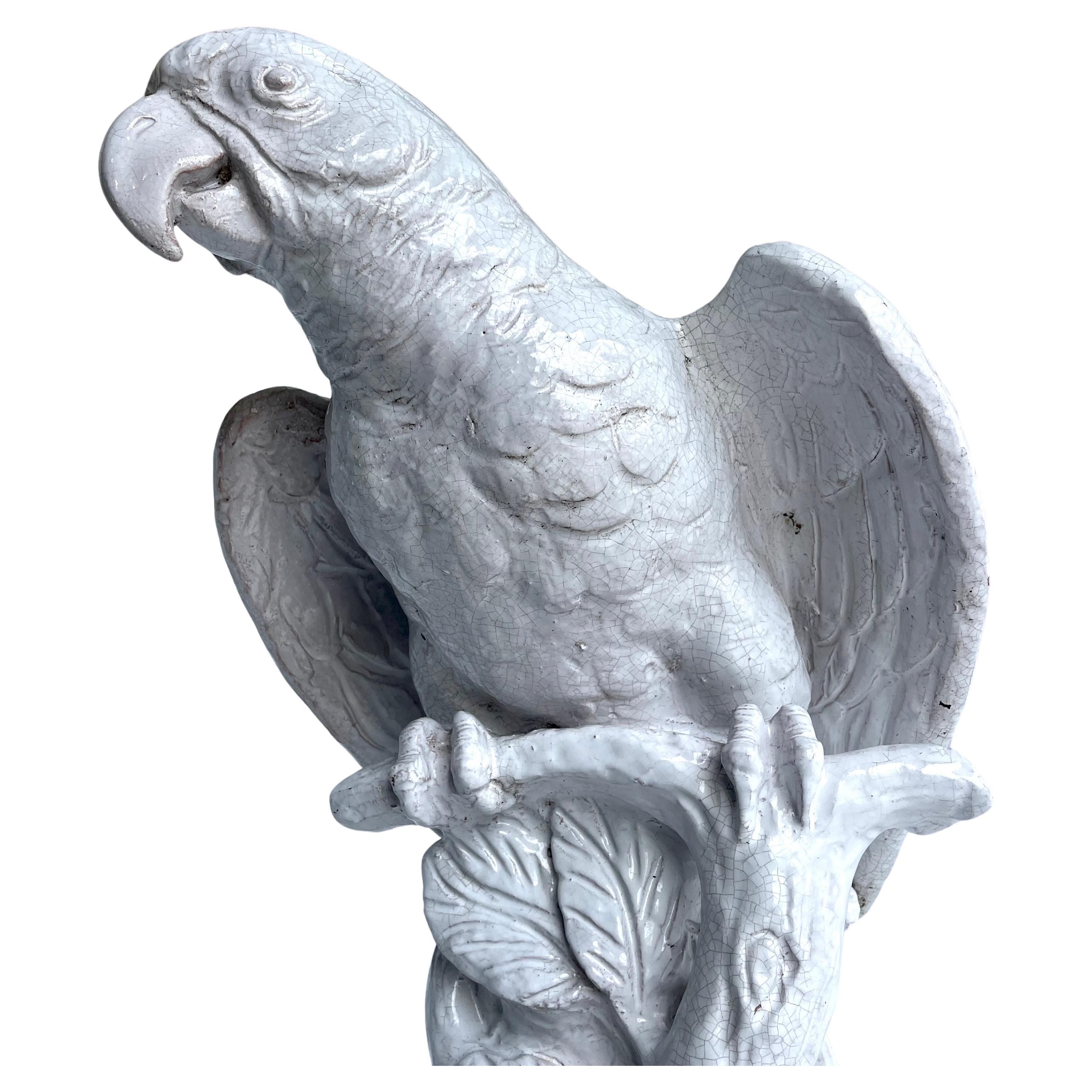 Large Italian Parrot in Vintage White Ceramic on Faux Bois Base For Sale 6