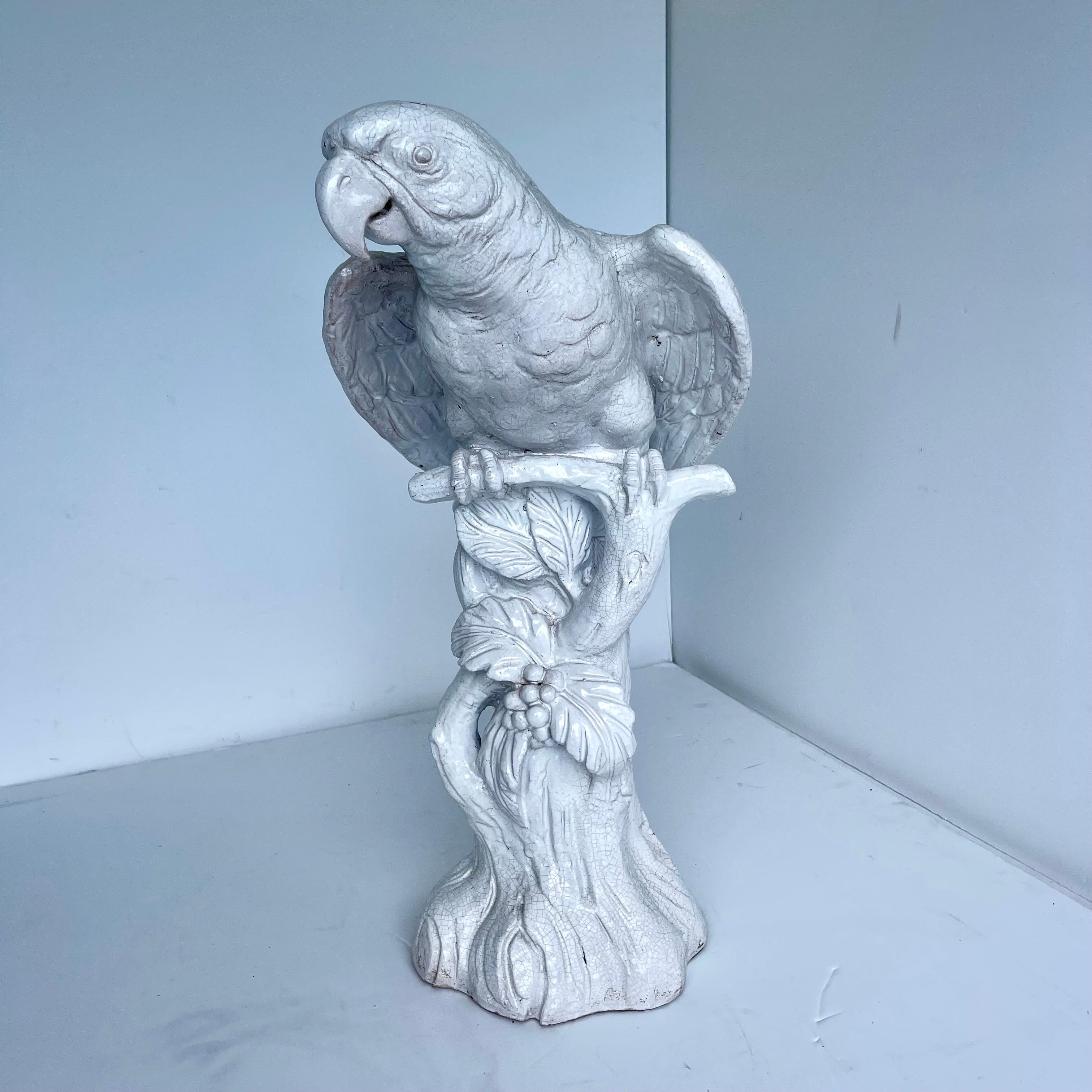 Large Italian Parrot in Vintage White Ceramic on Faux Bois Base For Sale 9