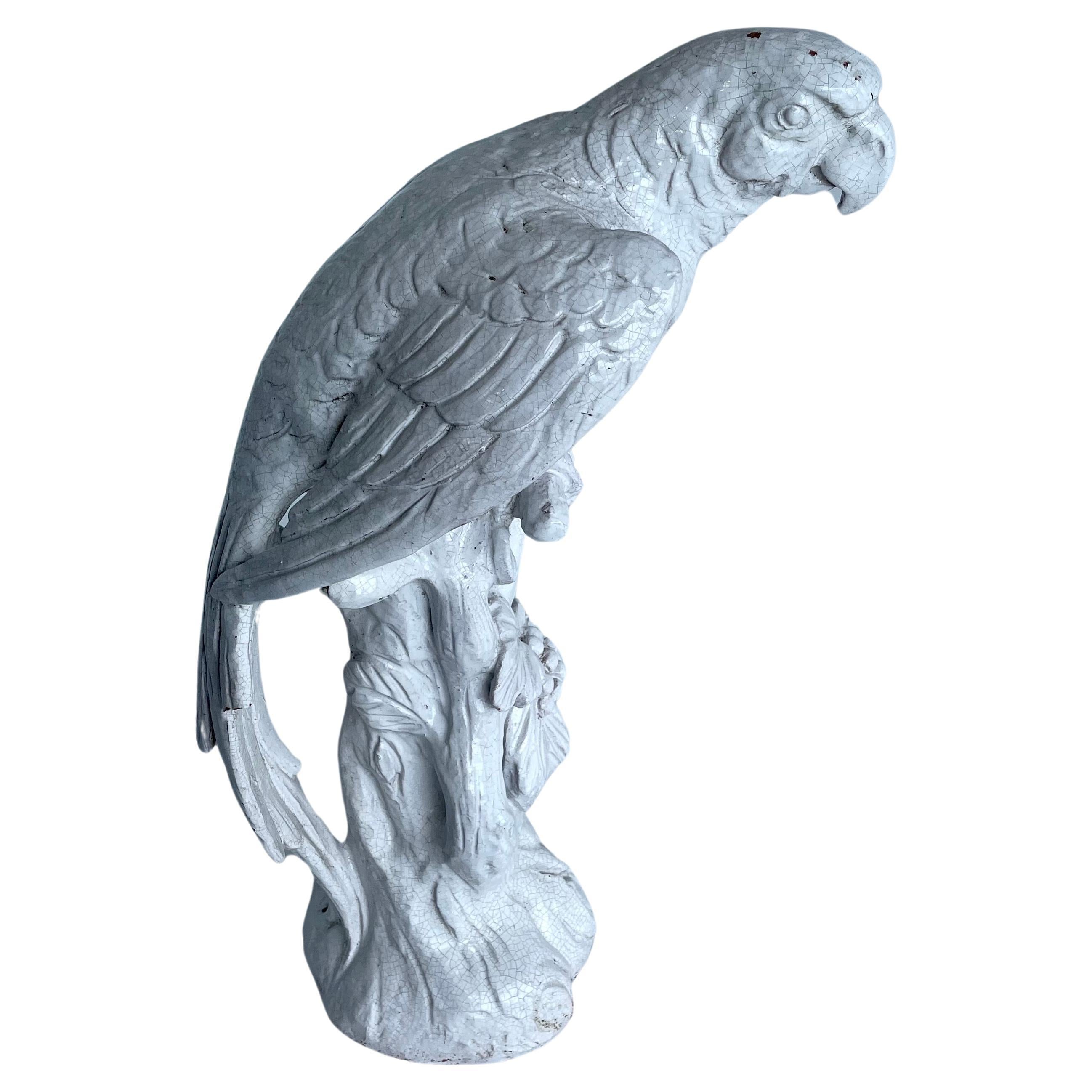 Hand-Crafted Large Italian Parrot in Vintage White Ceramic on Faux Bois Base For Sale