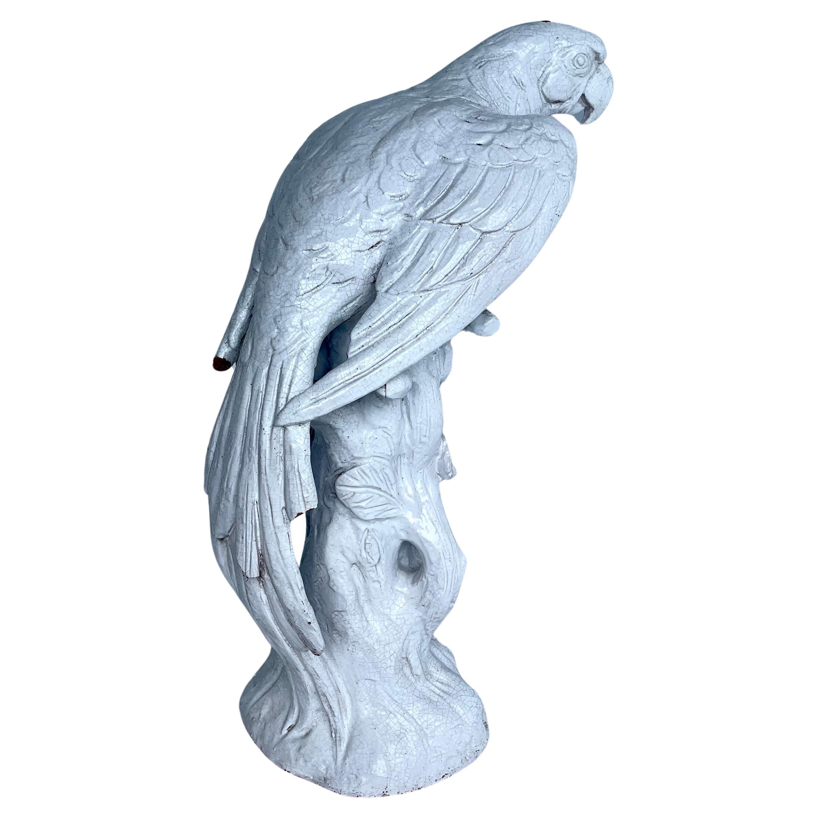 20th Century Large Italian Parrot in Vintage White Ceramic on Faux Bois Base For Sale