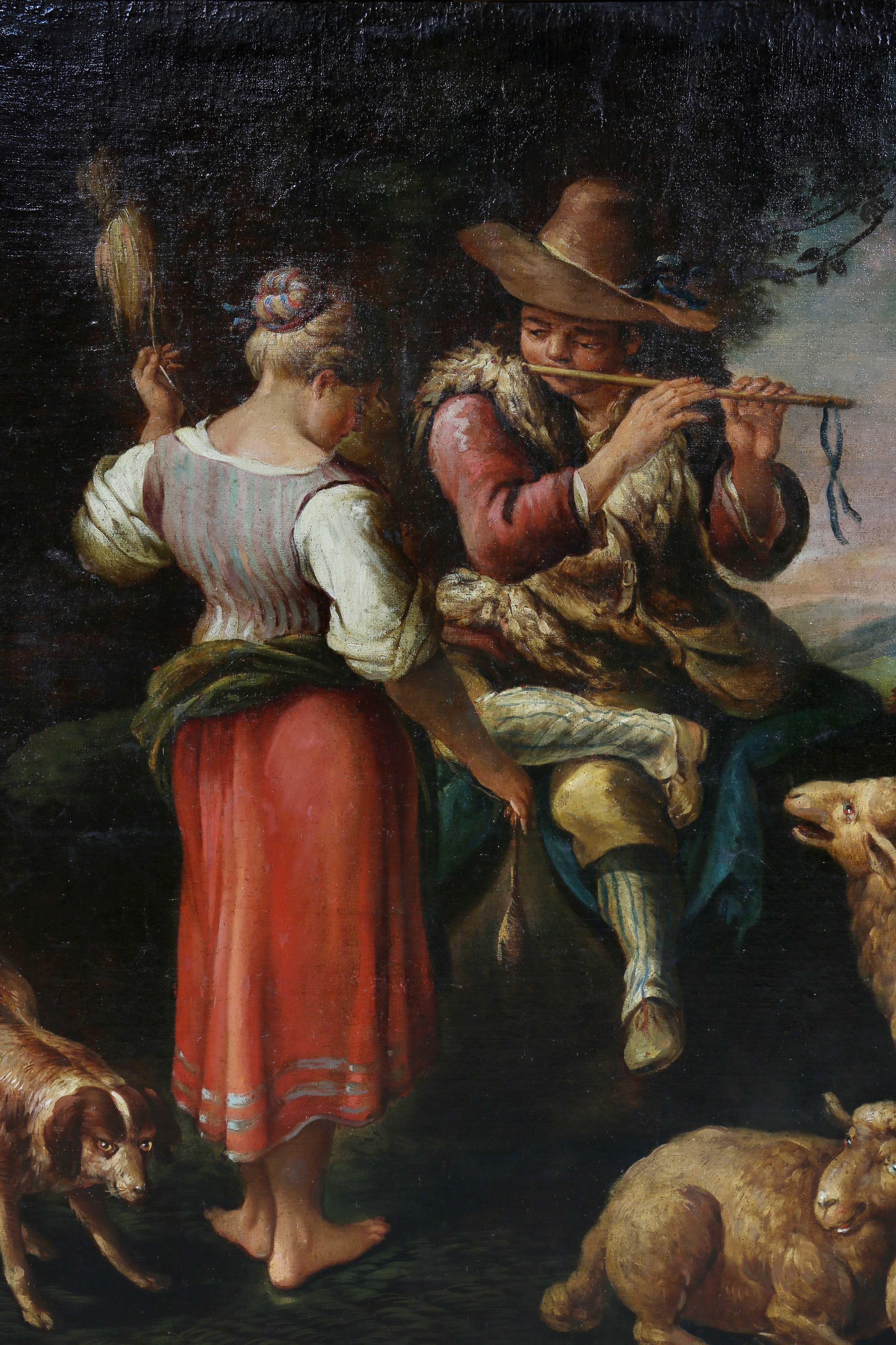 Relined on canvas with a man with a flute romancing a young woman in a landscape with a dog and various cows, sheep.
