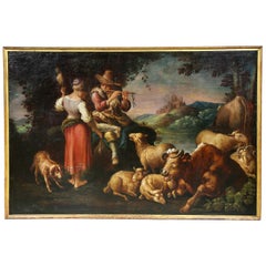 Large Italian Pastural Landscape Oil Painting