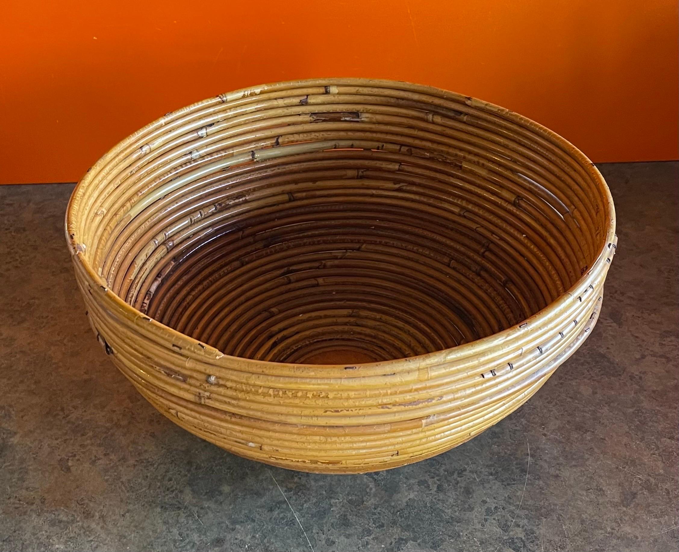 Organic Modern Large Italian Pencil Reed Bamboo Basket Bowl / Planter with Liner For Sale