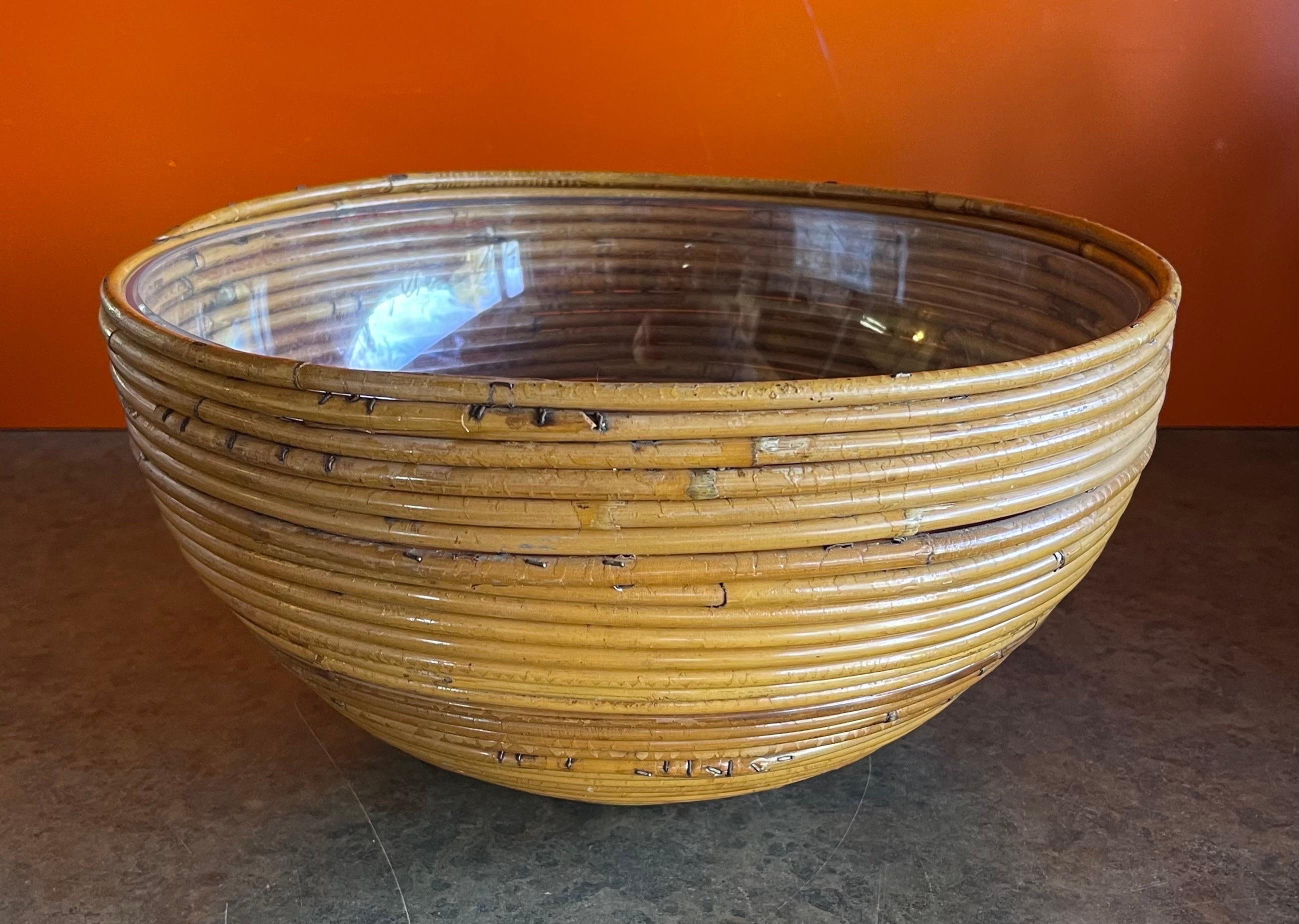 Hand-Crafted Large Italian Pencil Reed Bamboo Basket Bowl / Planter with Liner For Sale
