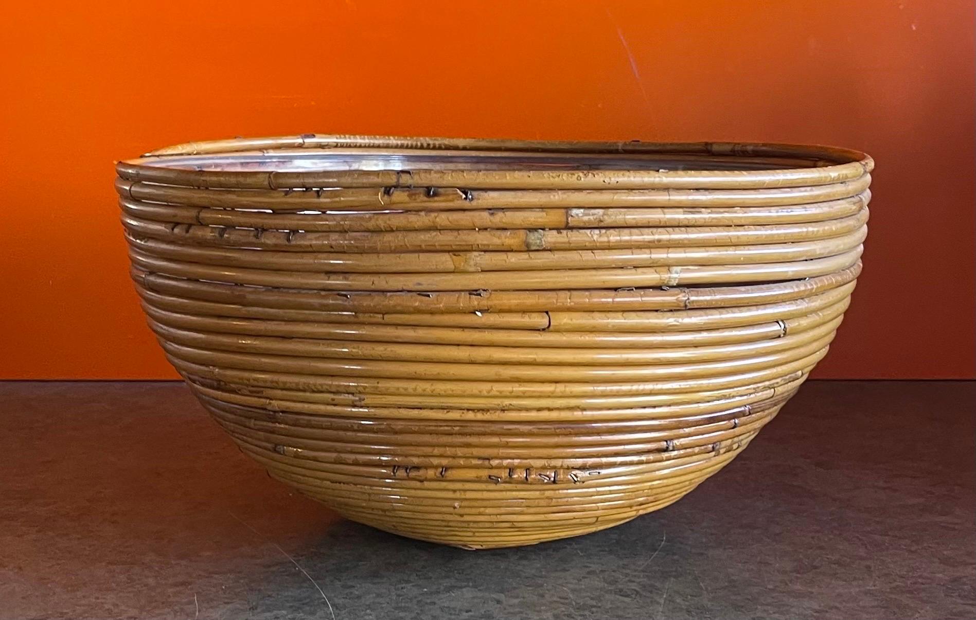 20th Century Large Italian Pencil Reed Bamboo Basket Bowl / Planter with Liner For Sale