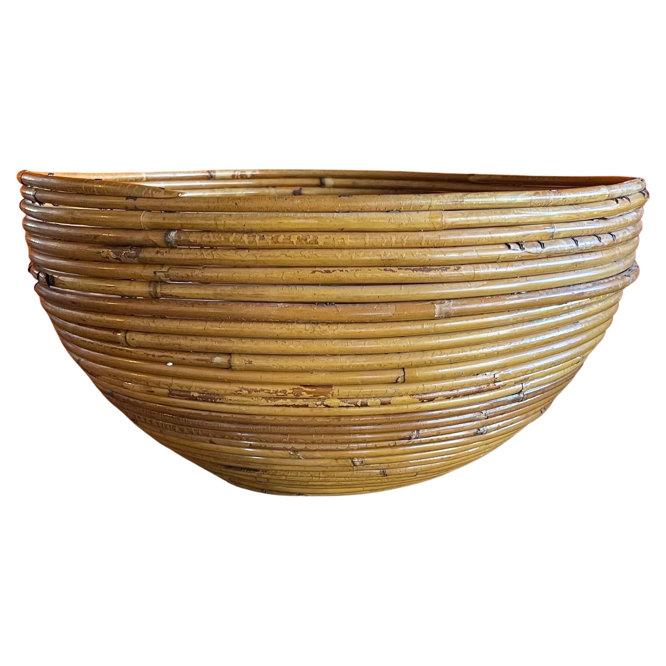 Large Italian Pencil Reed Bamboo Basket Bowl / Planter with Liner For Sale