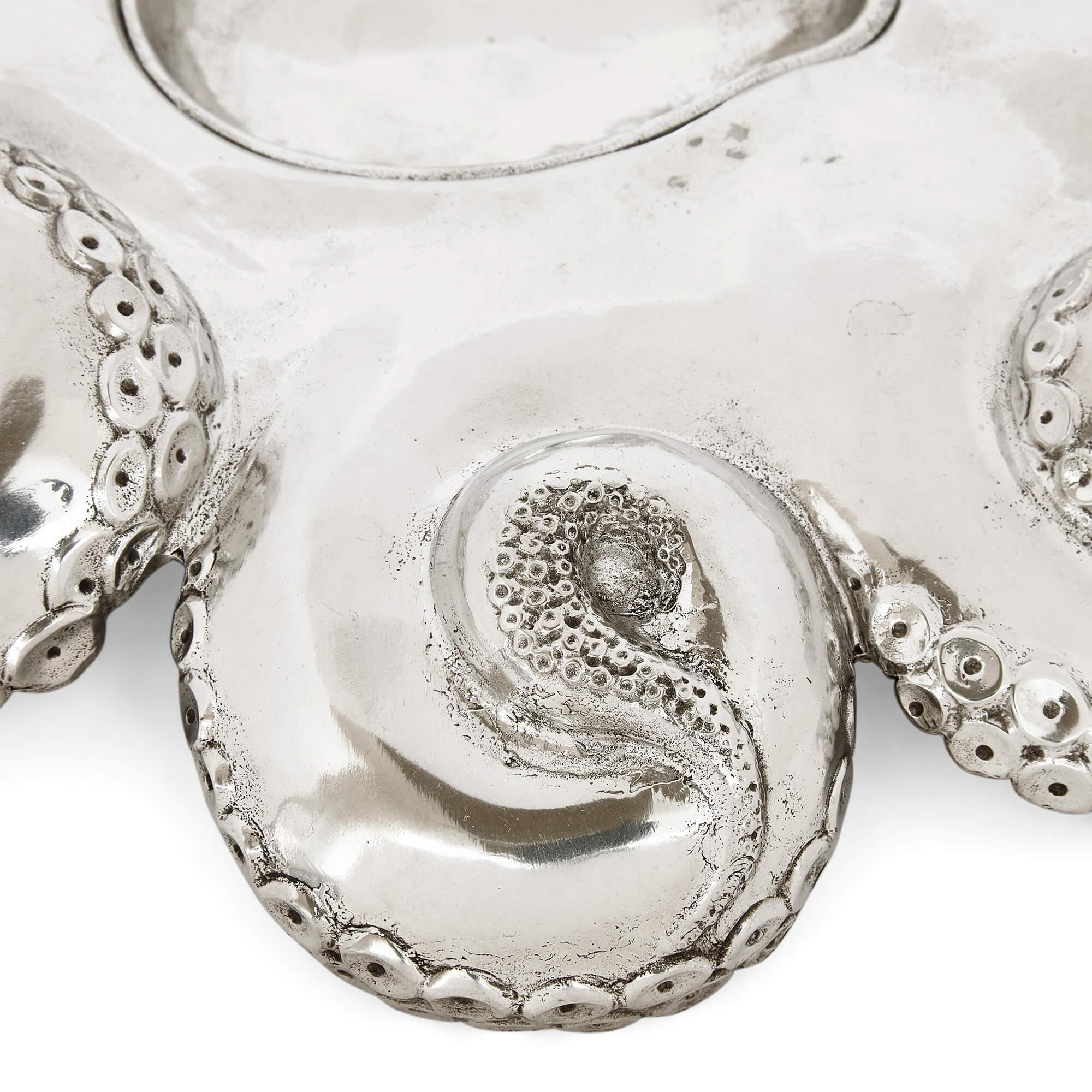 Large Italian Pewter Octopus-Form Caviar Dish by Piero Figura In Good Condition In London, GB