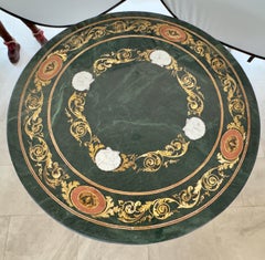 Large Italian Pietra Dura Inlaid Pedestal Center or dining Table in Green Marble
