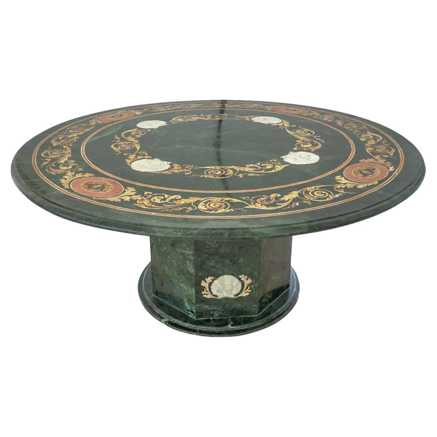Large Italian Pietra Dura Inlaid Pedestal Center or dining Table in Green Marble For Sale
