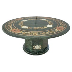 Large Italian Pietra Dura Inlaid Pedestal Center or dining Table in Green Marble